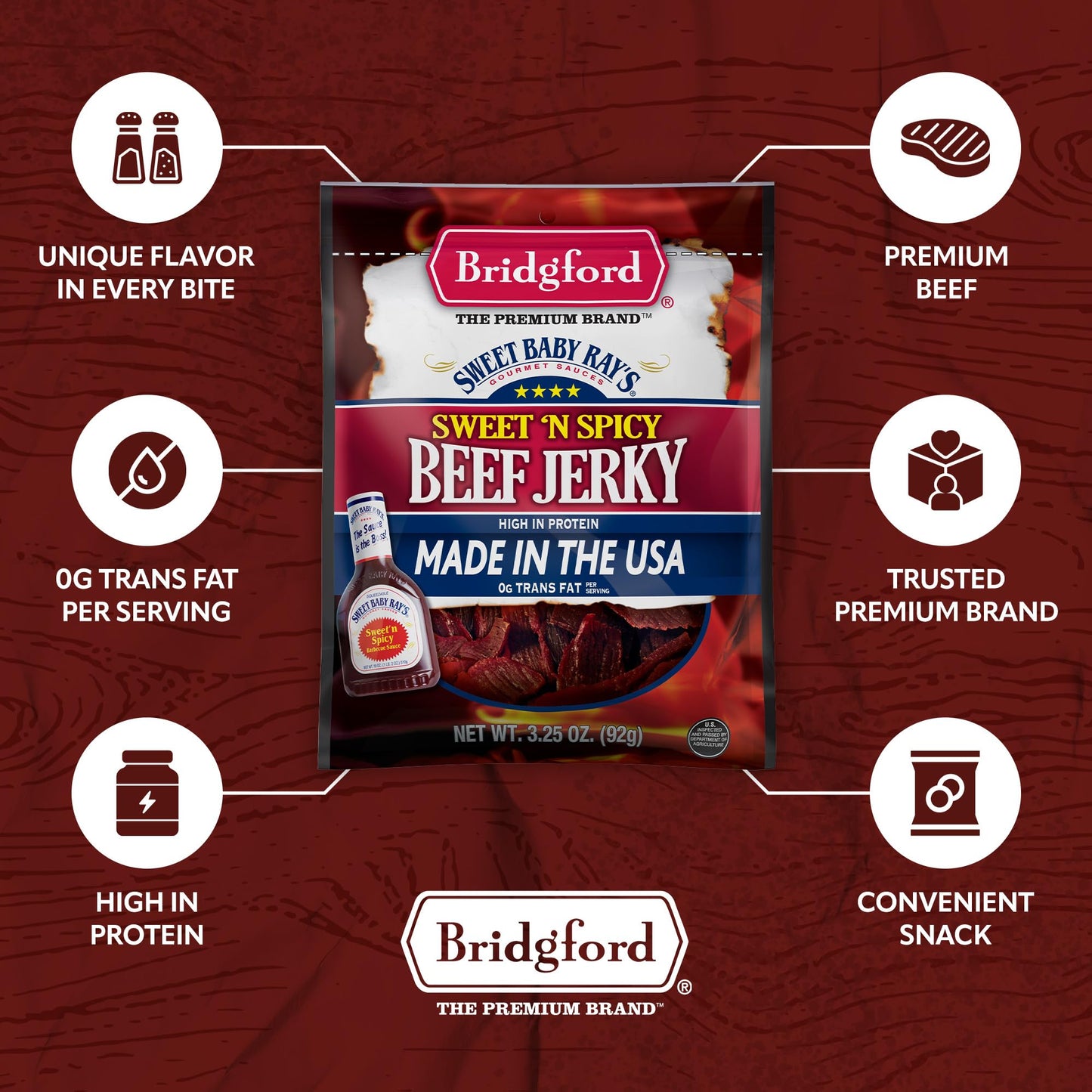 Bridgford Sweet Baby Ray’s Beef Jerky Sweet N Spicy 6.2 oz Pack of 3 - High Protein Sweetened Spicy Beef Jerky for Your Dietary Preference