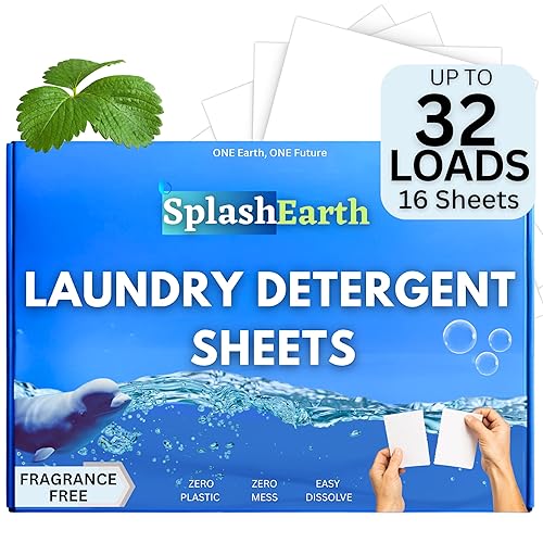 Splash Earth Laundry Detergent Sheets (32 Loads, Unscented), Eco-Friendly Washer Sheets Detergent, Plastic-Free Travel Laundry Soap, 16 Strips