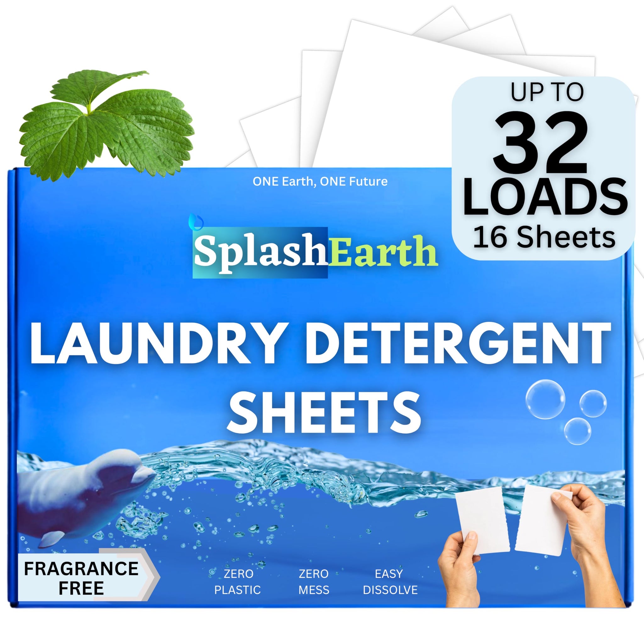 Splash Earth Laundry Detergent Sheets (32 Loads, Unscented), Eco-Friendly Washer Sheets Detergent, Plastic-Free Travel Laundry Soap, 16 Strips