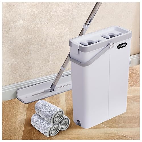 U-VERSE L-Shaped Mop & Bucket Set with Wringer, 3 Reusable Microfiber Pads, Long Handle Flat Mop for Corners, Walls & Floors, Compact 5" Space-Saving