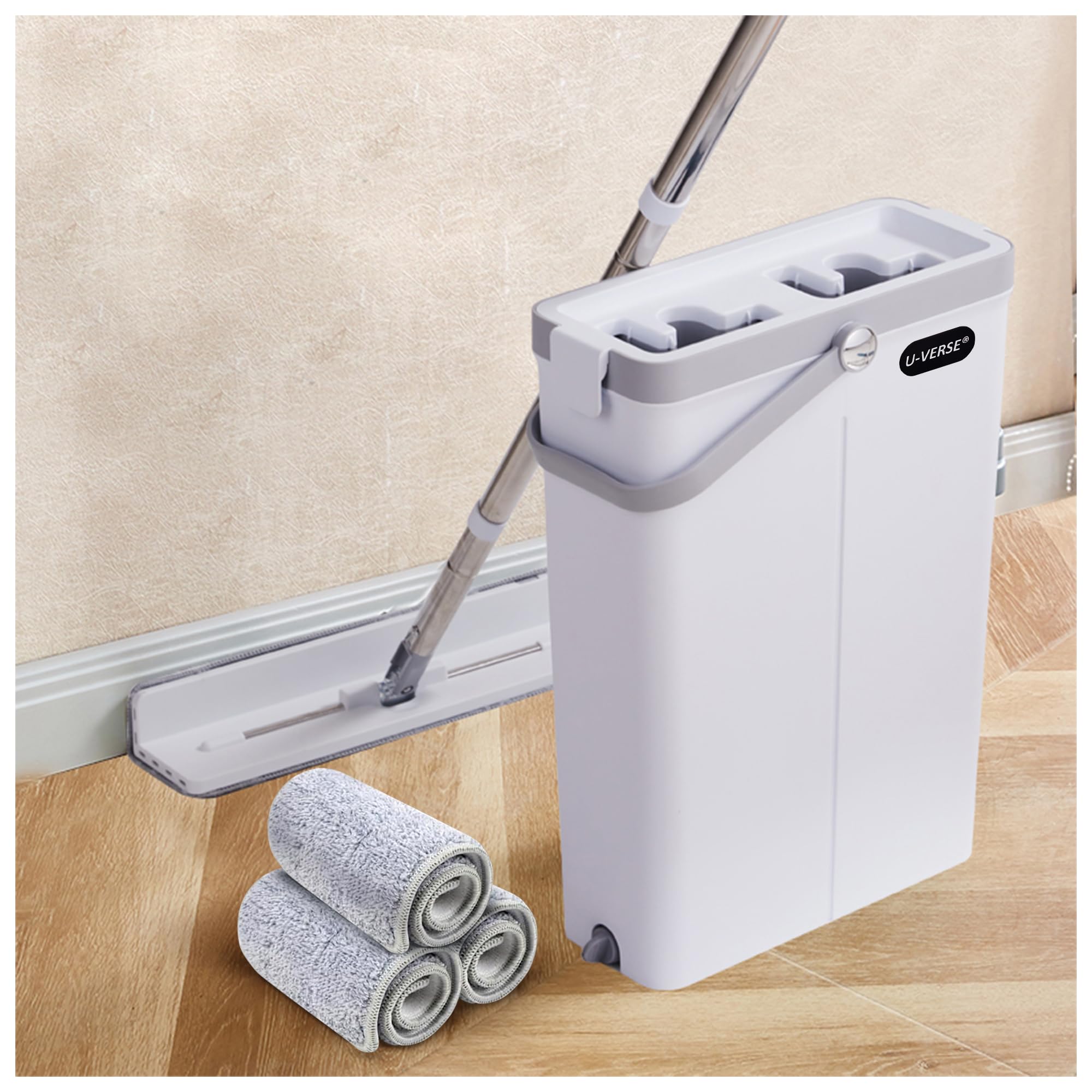 U-VERSE L-Shaped Mop & Bucket Set with Wringer, 3 Reusable Microfiber Pads, Long Handle Flat Mop for Corners, Walls & Floors, Compact 5" Space-Saving