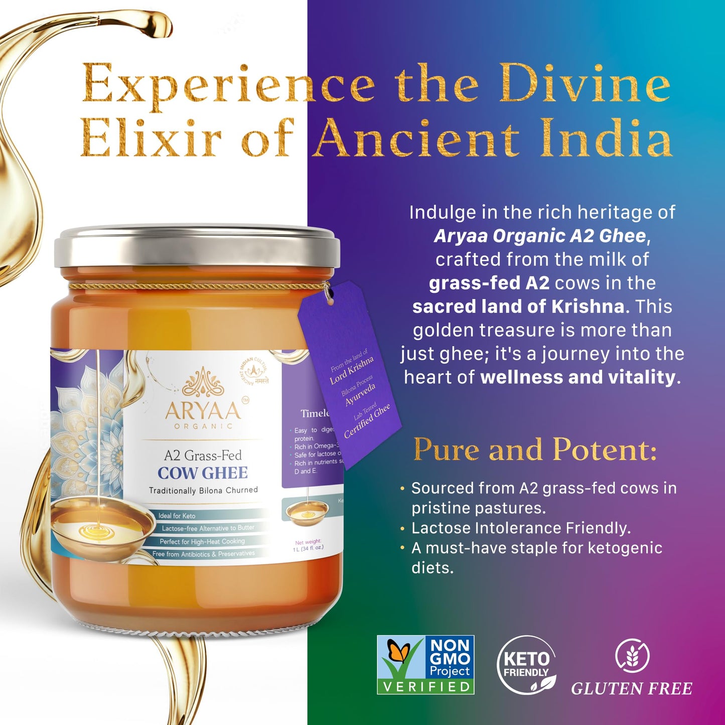 Aryaa Organic A2 Ghee | Grass-fed Cow Ghee, Bilona Method |1Liter (34 fl oz) | Premium Ayurvedic Elixir | Lactose-free, Non-GMO, Keto-Friendly