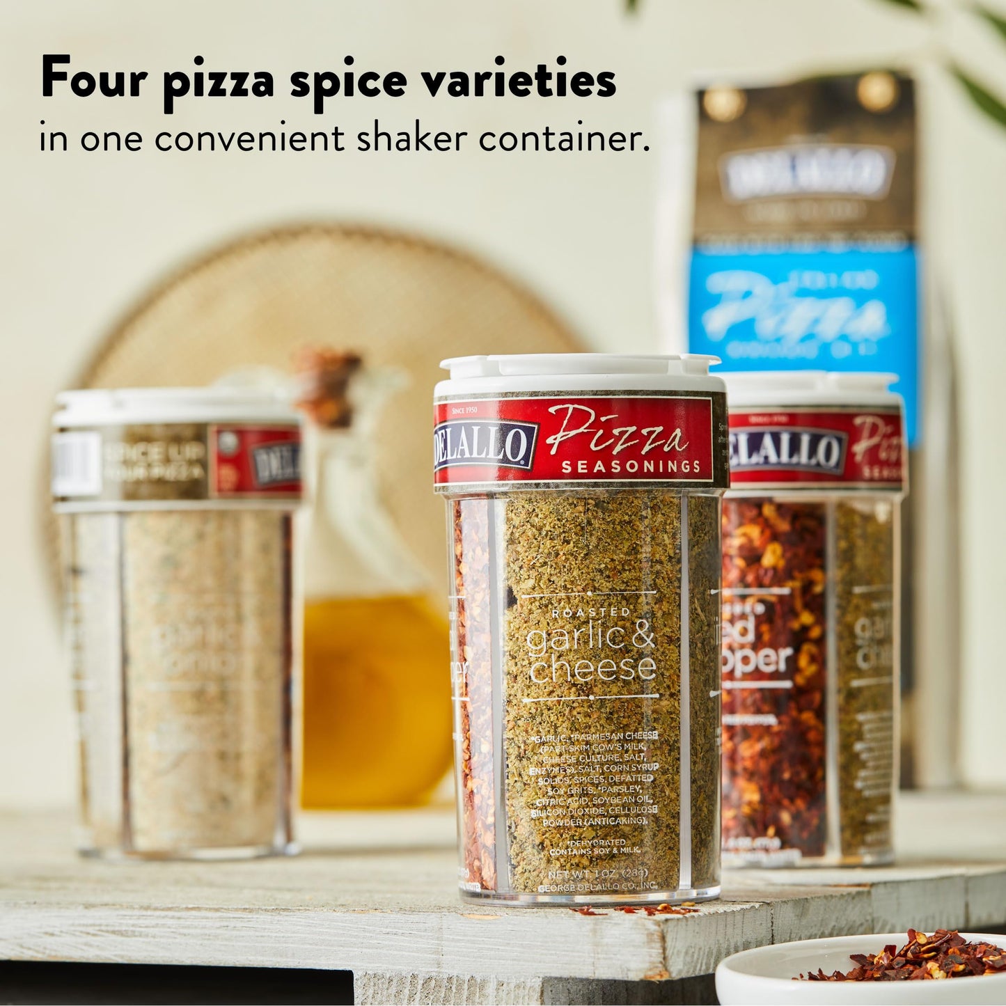 DeLallo 4 Spice Variety Pizza Seasoning Shaker, with Red Pepper, Garlic, Cheese, Italian Herb, Italian Seasoning for Garlic Knots and Calzones, 3.2 oz