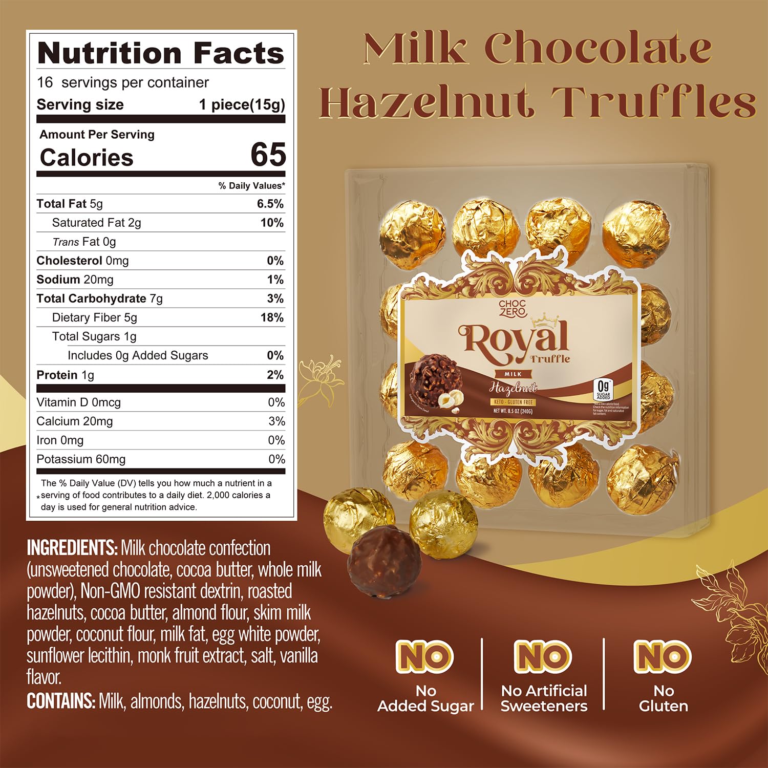 ChocZero Milk Chocolate Hazelnut Truffles, Zero Added Sugar, Gluten Free, Keto Gift, High Fiber, 16 Individually Wrapped Pieces, 8.5 Ounce (Pack of 1)