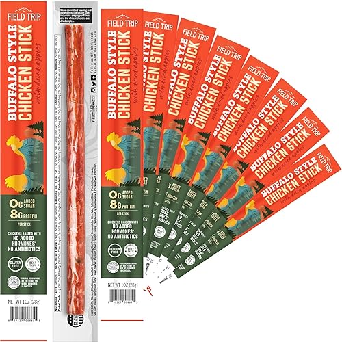Field Trip Hormone Free Spicy Buffalo Chicken Jerky Snack Sticks, 0 Sugar, Keto, Paleo, Gluten Free, Allergy Friendly Snack, High Protein, 50 Calorie