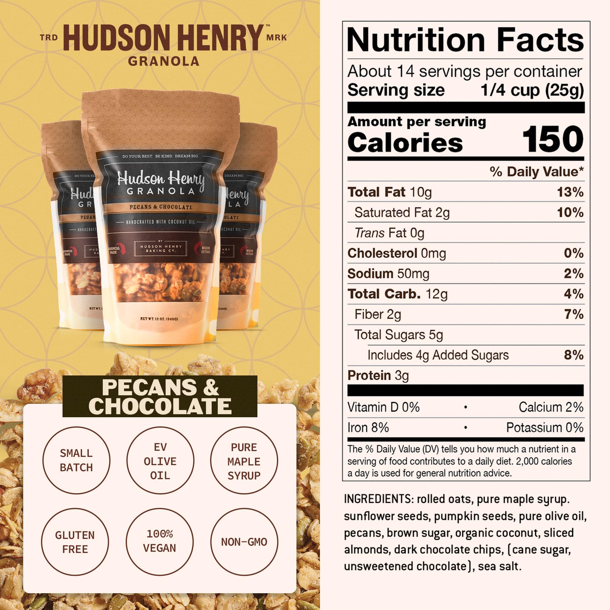 Hudson Henry Chocolate Pecan Granola | Gluten Free Granola with Nuts & Seeds | Vegan, Non-GMO & Small Batch Baked with Pure Maple Syrup & Extra Virgin