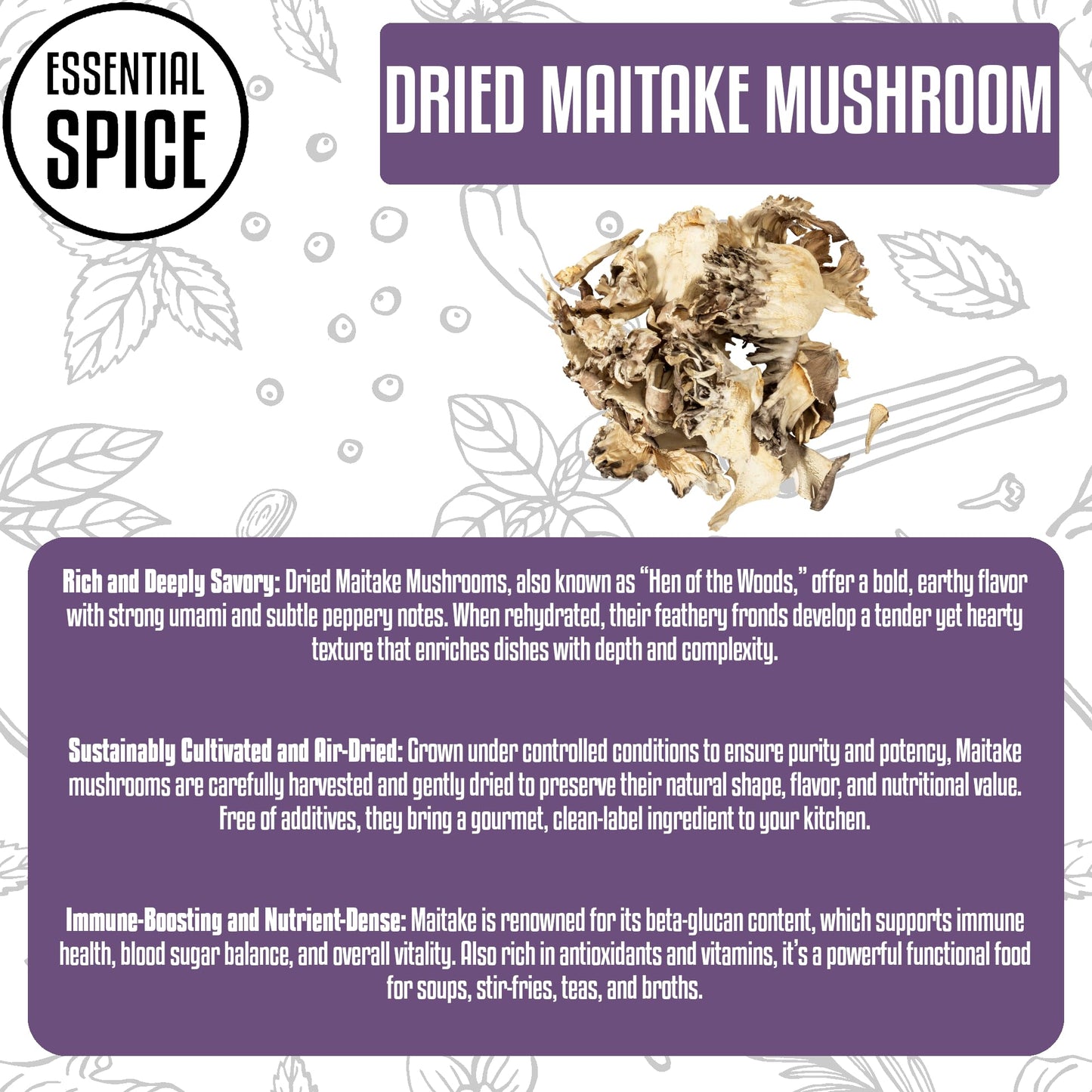 Essential Spice Dried Maitake Mushrooms - Whole, Rich Umami Flavor & Frilly Texture - Ideal for Soups, Stir-Fries, Broths & Risottos - Easy