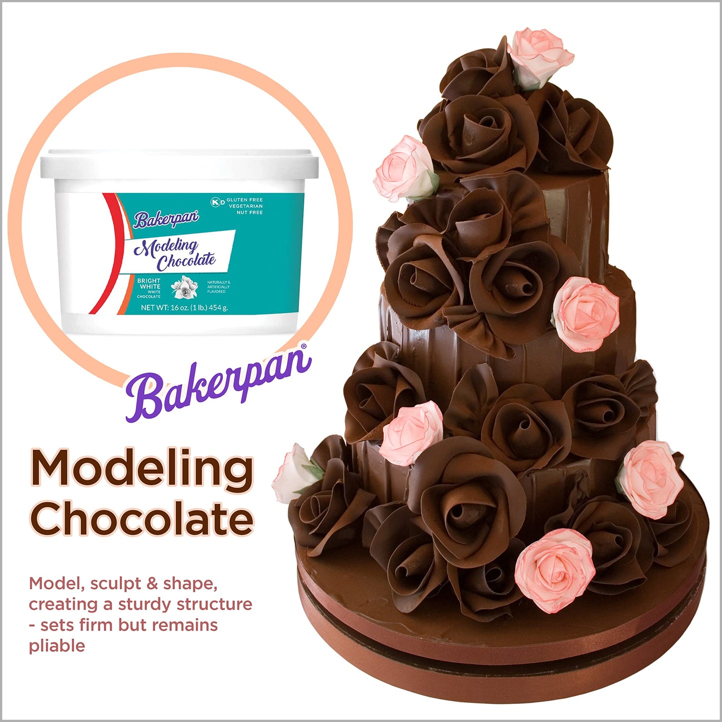 Bakerpan Bright White Modeling Chocolate for Cake Decorating, 1 Pound - Sculpt Cakes, Model Figurines & Cake Toppers - Firm Yet Pliable Molding