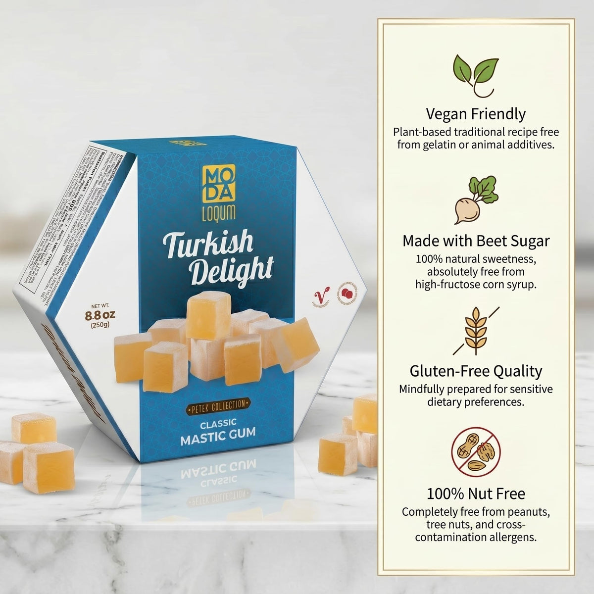 Turkish Delight Candy (Lokum) - Gourmet Chewy Candy, Premium Gift Box - Honeycomb Packaging, 8.8 oz (250g), Middle Eastern Sweets (Classic Mastic Gum)