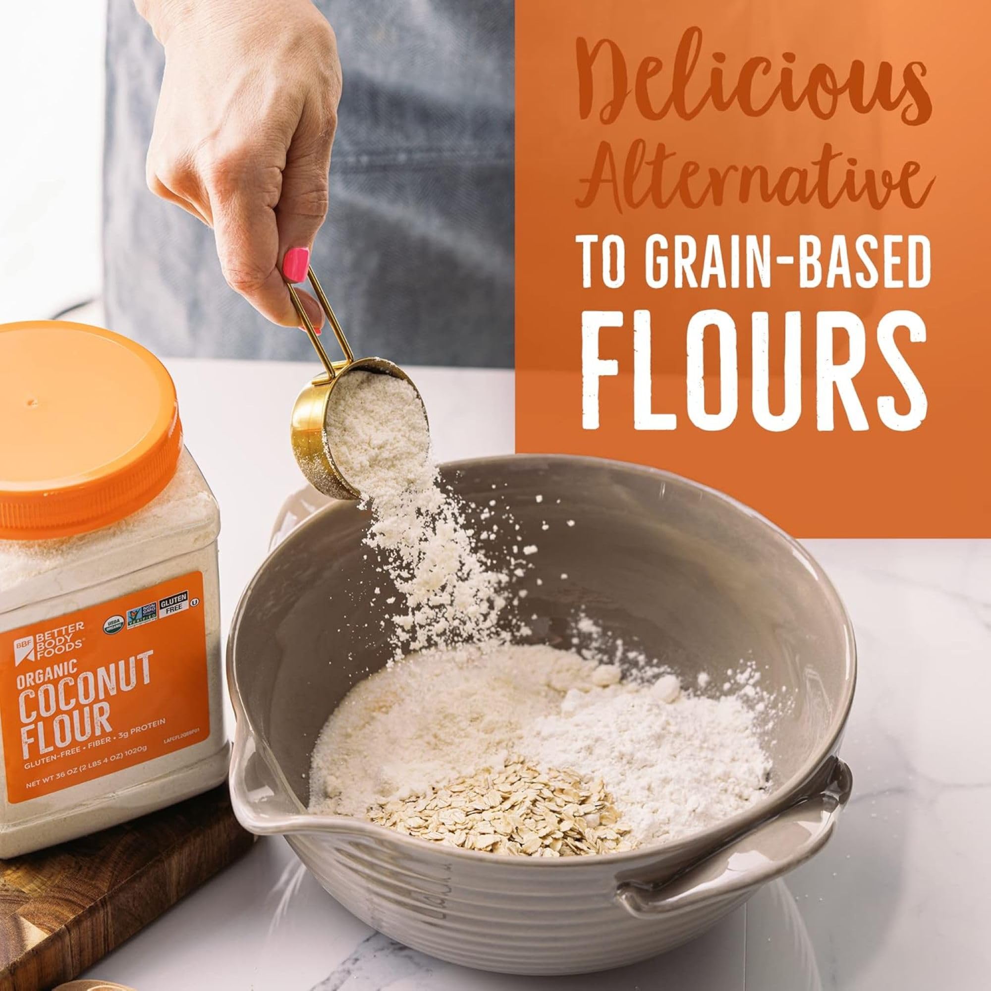 BetterBody Foods Organic Coconut Flour 2 Pound Jar, Gluten-Free White Flour Alternative with a Slight Coconut Taste and Aroma, 23% Dietary Fiber per