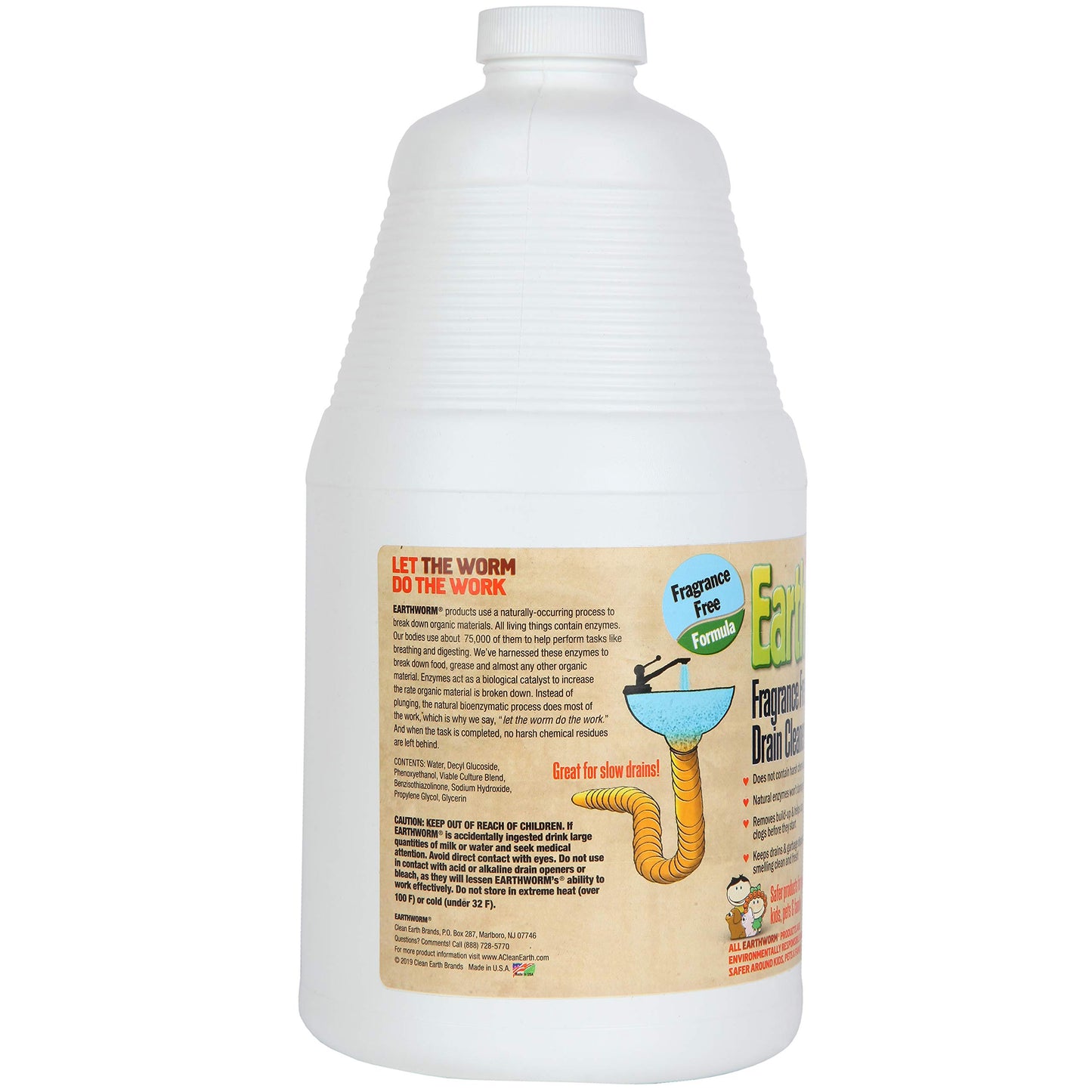 Earthworm Fragrance Free Drain Cleaner - Drain Opener - Natural Enzymes, Environmentally Responsible, Safer for Pets and Kids - 1 Half Gallon, 64 oz