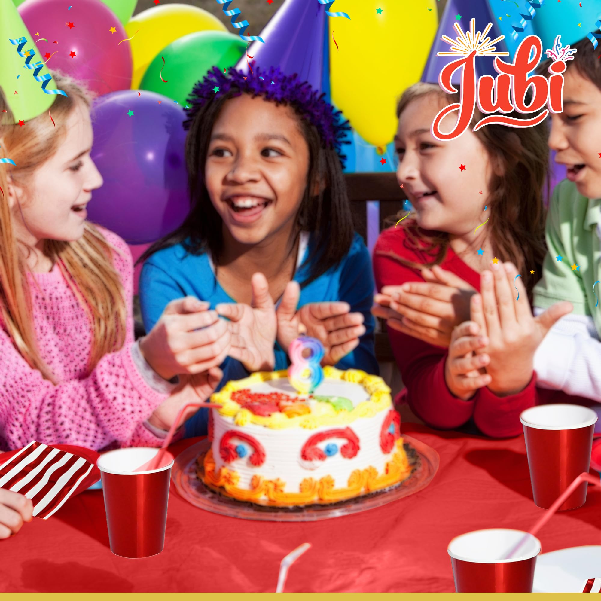 Jubi 211pcs Shiny Red Plates and Napkins Party Supplies for 30 Guests - Shiny Red Party Plates, Cups, Cutleries, and Napkins Set with Tablecloth