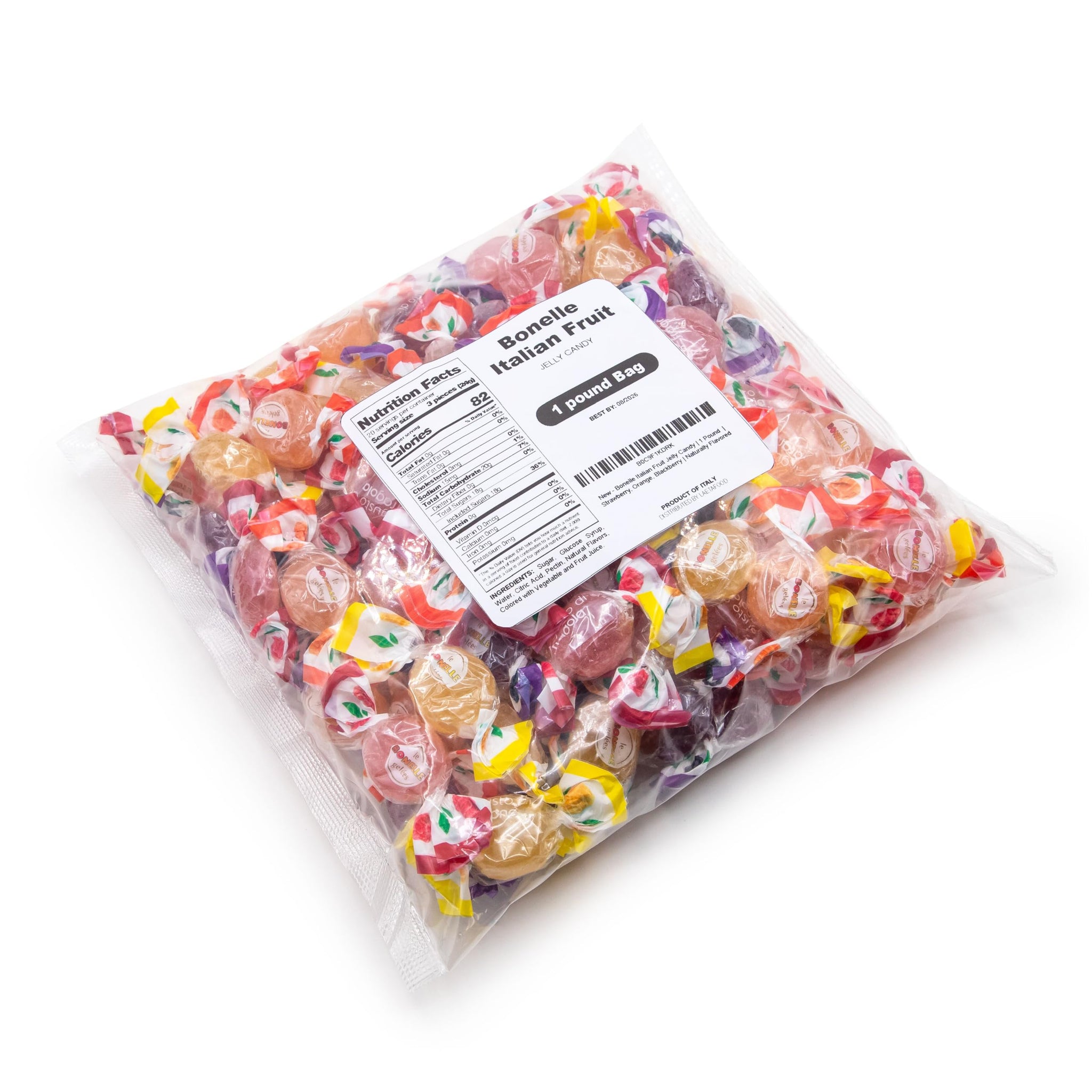 Bonelle Italian Fruit Jelly Candy | 1 Pound Bag | Vegan Dye Free Candy Individually Wrapped | Lemon, Strawberry, Orange, Blackberry | Naturally