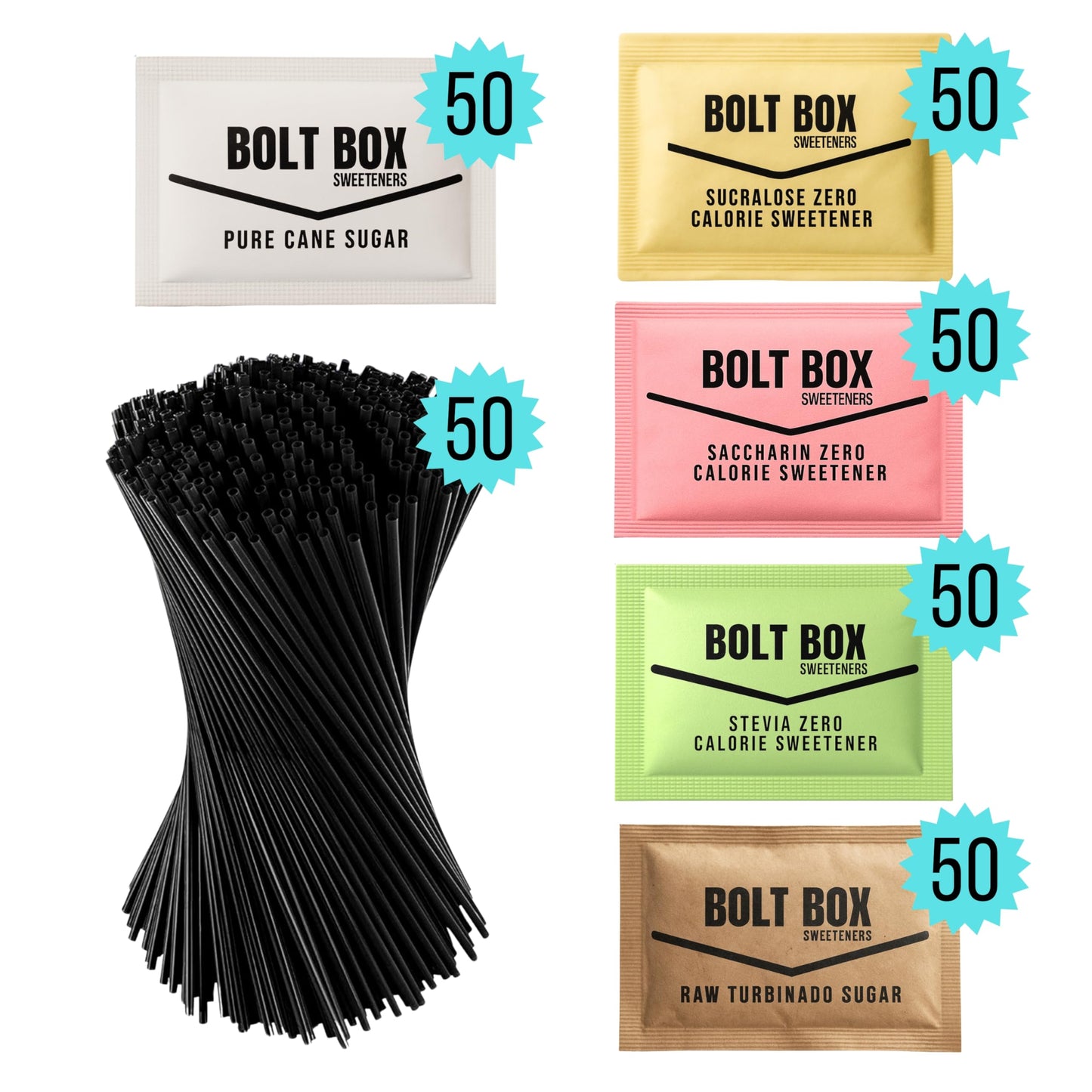 (300 total, 50 each) Bolt Box Sugar & Sugar Substitute Packets Assorted Variety Pack (Turbinado, Cane, Pink Saccharin, Yellow Sucralose, Green Stevia, Stir Straws)