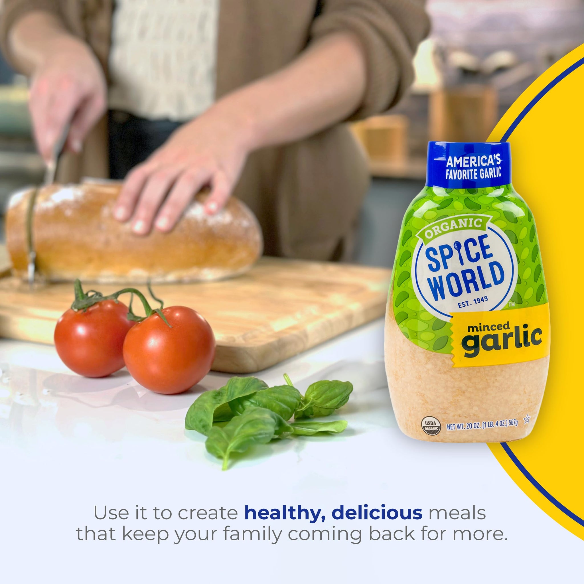 Spice World Squeezable Organic Minced Garlic - Value 20oz Container, USDA Certified Organic Garlic with Non-GMO Ingredients - Ready-to-Use Seasonings