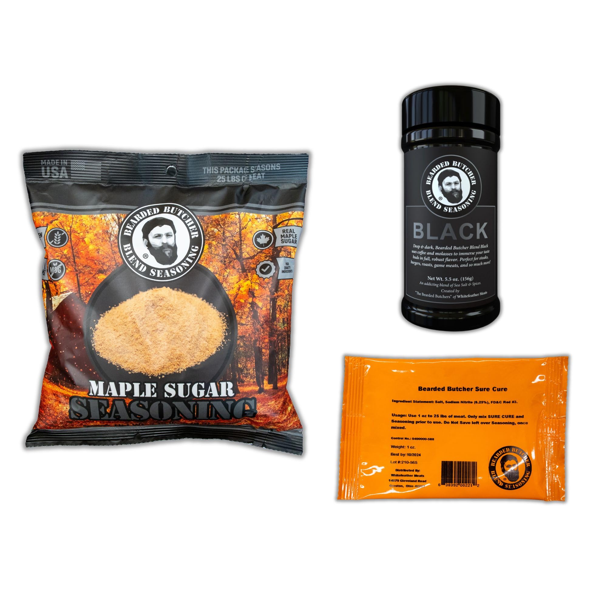 Bearded Butchers Maple Bacon DIY Kit with Black Shaker - Seasons Up to 25 lbs of Meat, Perfect for Homemade Maple Bacon with Any Meat - Includes Real