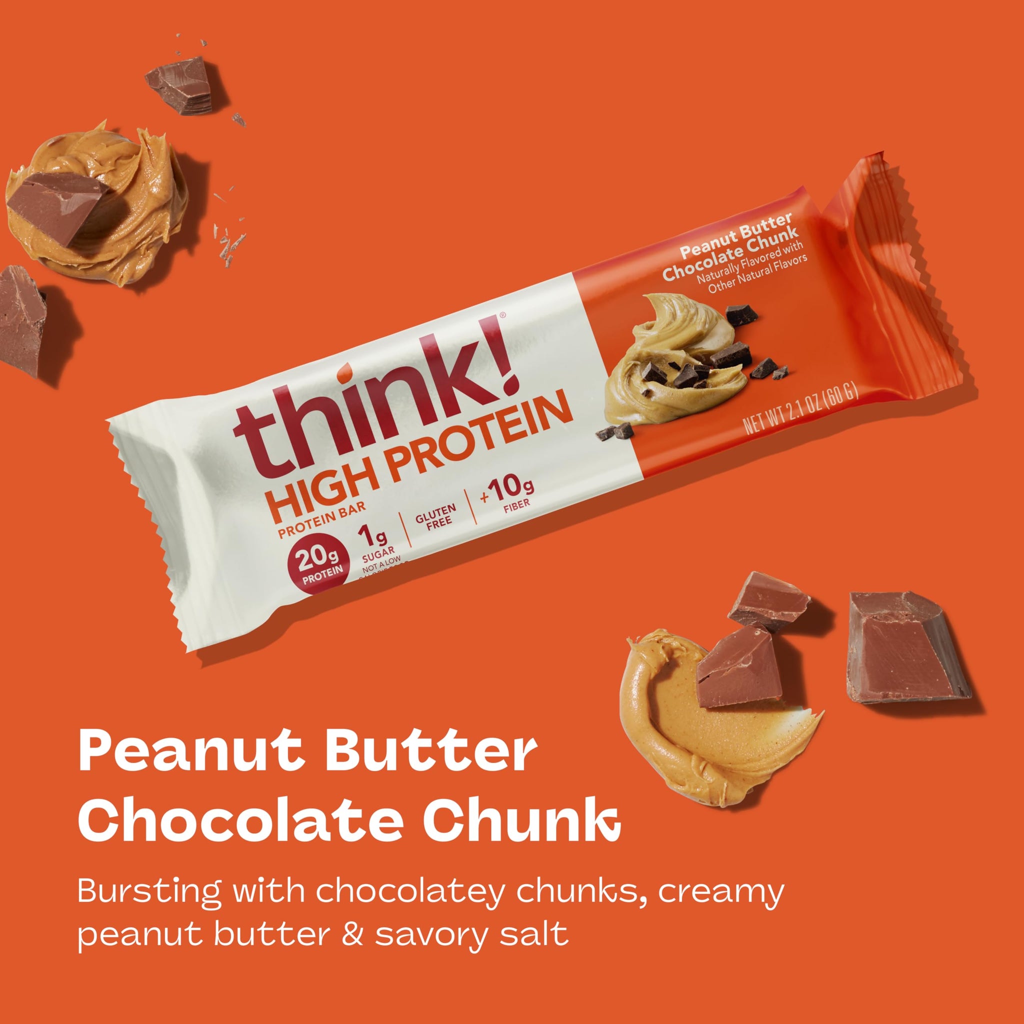 think! Protein Bars, High Protein Snacks, Gluten Free, High Fiber, Peanut Butter Chocolate Chunk, 10 Count