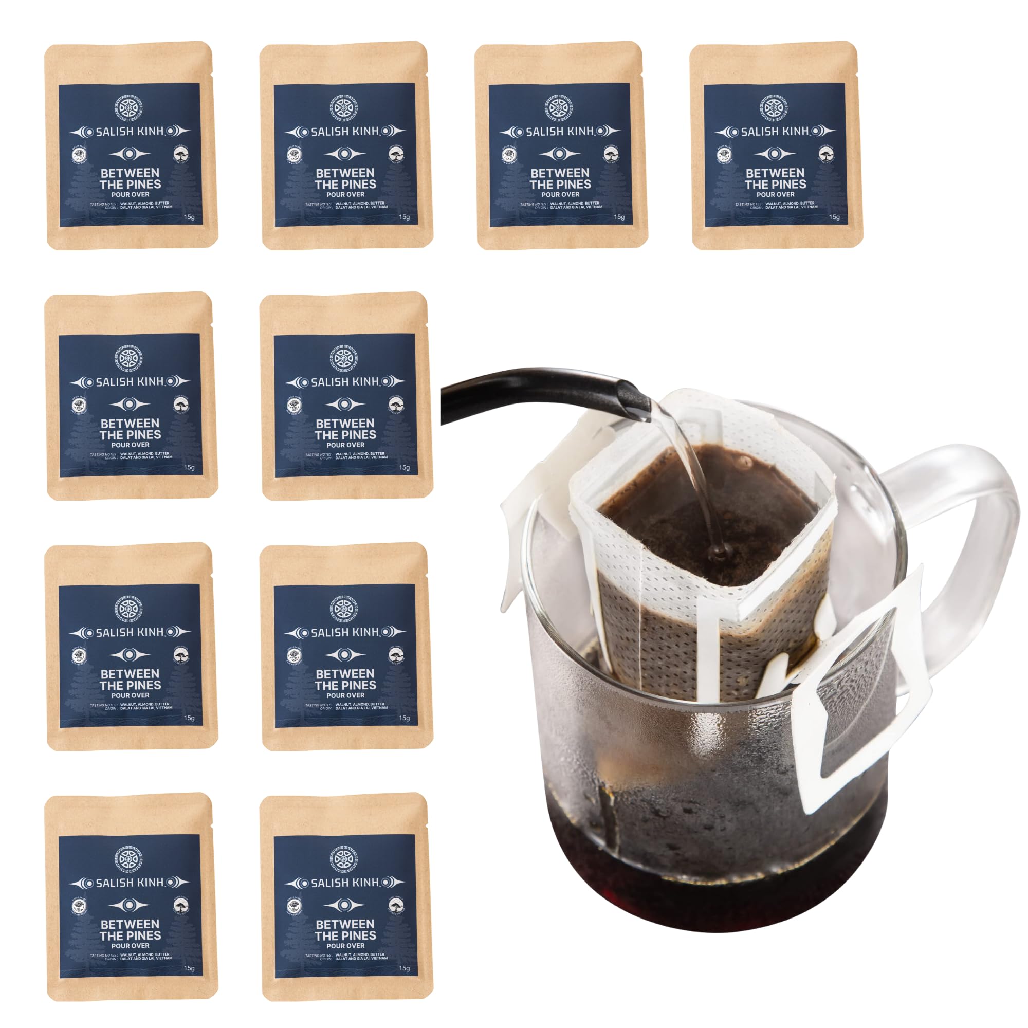 SALISH KINH Vietnamese Pour Over Coffee | Between the Pines Blend | Medium Roast | 10 Pack | Single-Serve | Portable | Single Origin | Direct Trade |