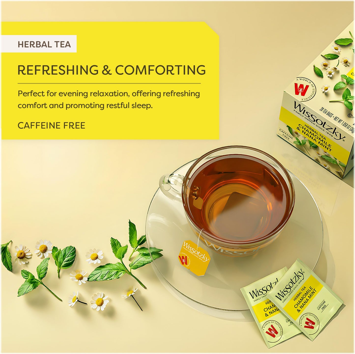 Wissotzky Chamomile Tea with Nana Mint, Herbal Tea (3 Pack - 60 Tea Bags) | Caffeine Free | Soothing Blend | Sleep Support