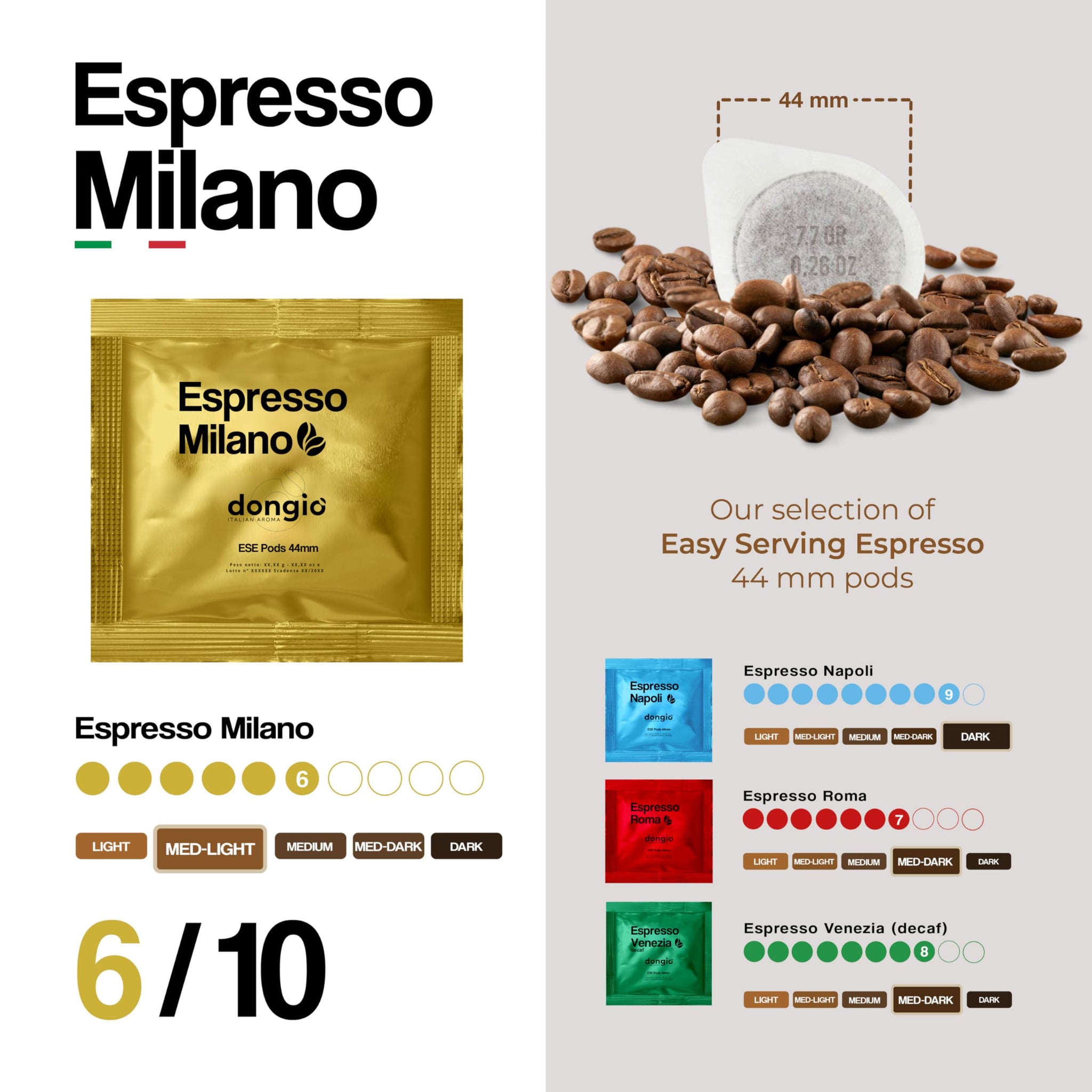 Dongio Caffe Milano Light Roast ESE 44mm Coffee Pods - 50 Count | Italian Espresso Pods, Intensity 6/10, Smooth Aroma, Rich Crema, Roasted in Italy