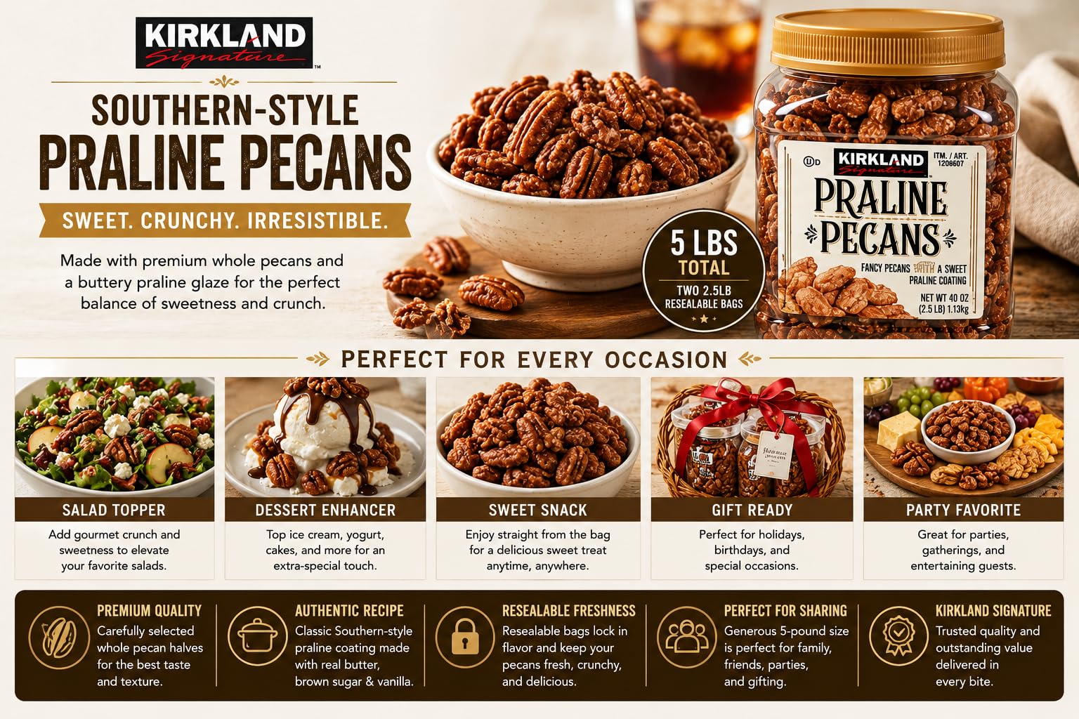 Kirkland Signature Praline Pecans 2.5lb (Family Bundle) Pack of 2