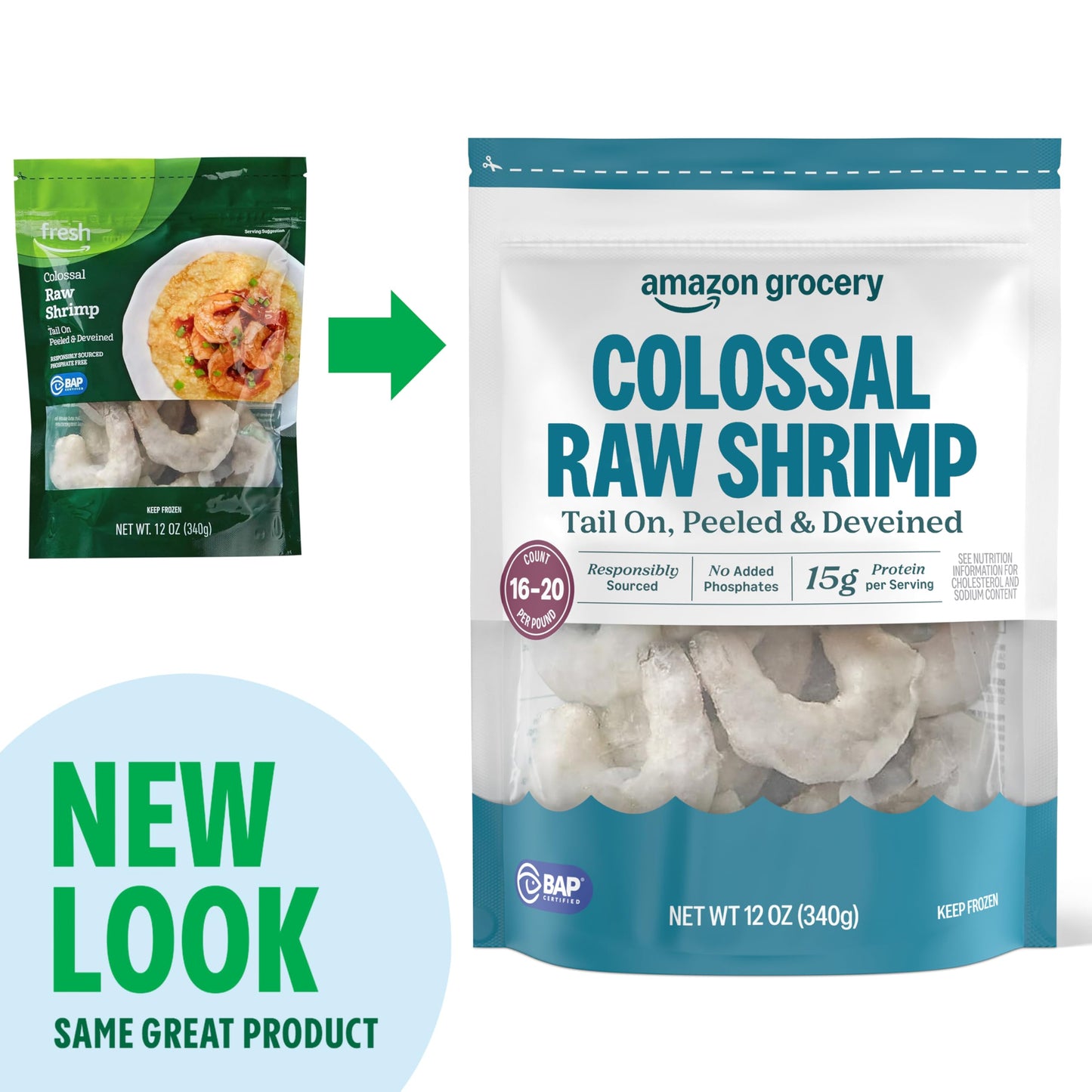 Amazon Grocery, Colossal Raw Shrimp, Tail On, Peeled & Deveined, 12 Oz, Frozen