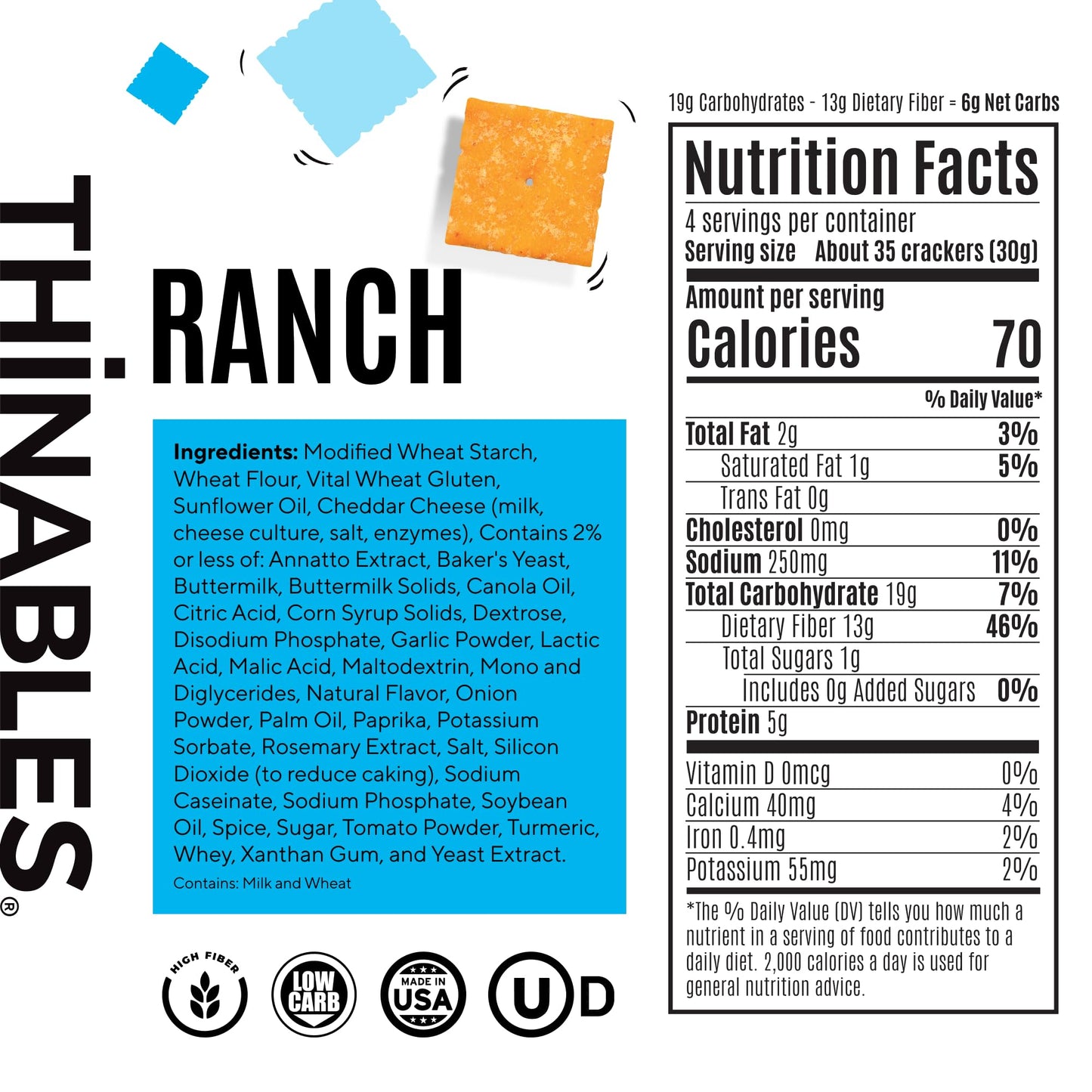 Fiber Gourmet Ranch Thinables Baked Cheese Crackers - Healthy Keto Crackers, Low Calorie High Fiber Snack, 6g Net Carbs, 70 Calories, 13g Fiber, 5g