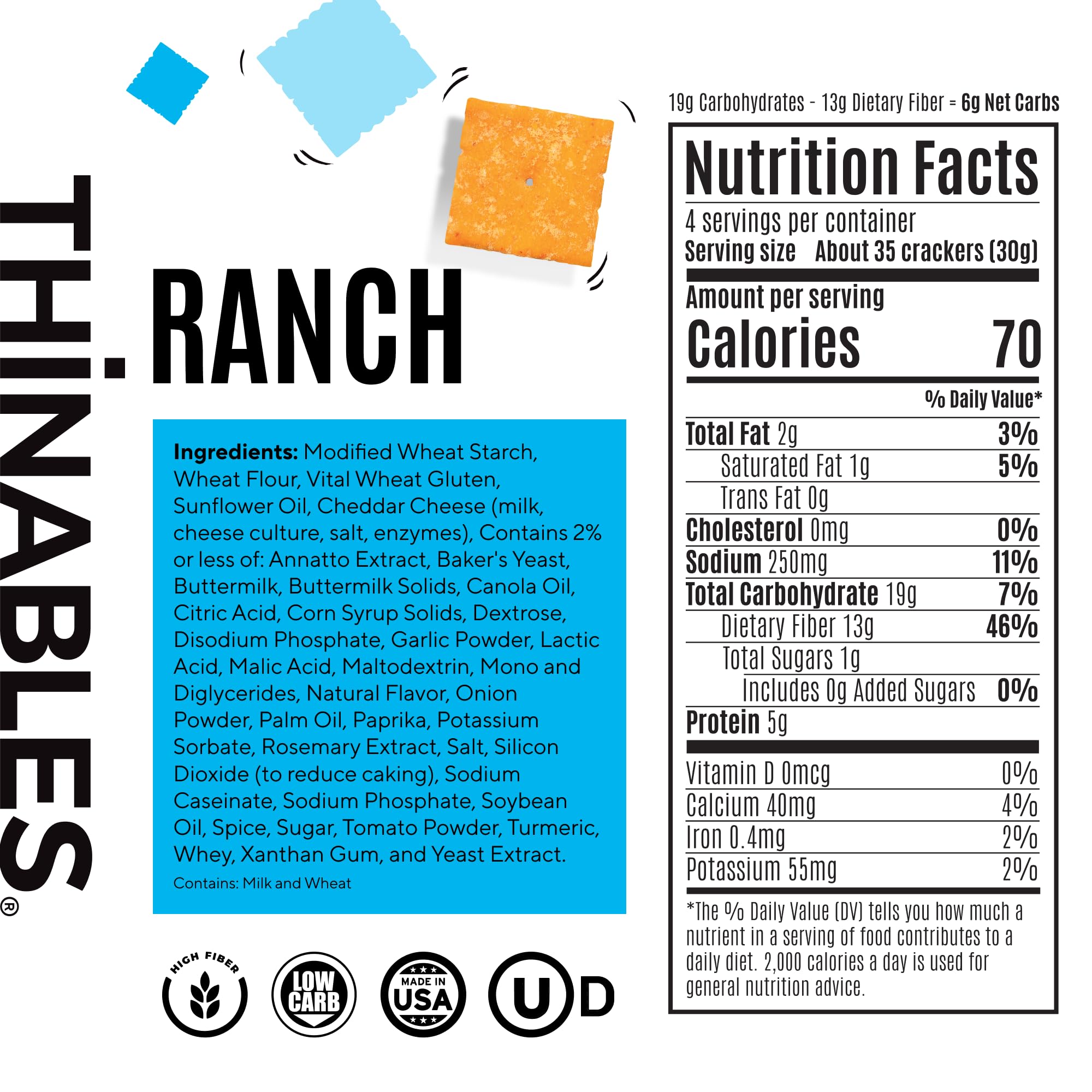 Fiber Gourmet Ranch Thinables Baked Cheese Crackers - Healthy Keto Crackers, Low Calorie High Fiber Snack, 6g Net Carbs, 70 Calories, 13g Fiber, 5g