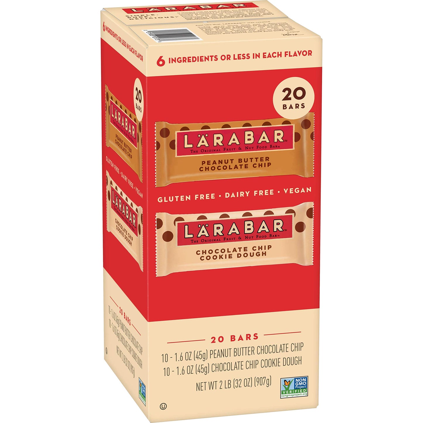 Larabar Gluten Free Variety Pack Peanut Butter Chocolate Chip / Chocolate Chip Cookie Dough 20 ct, 32 oz
