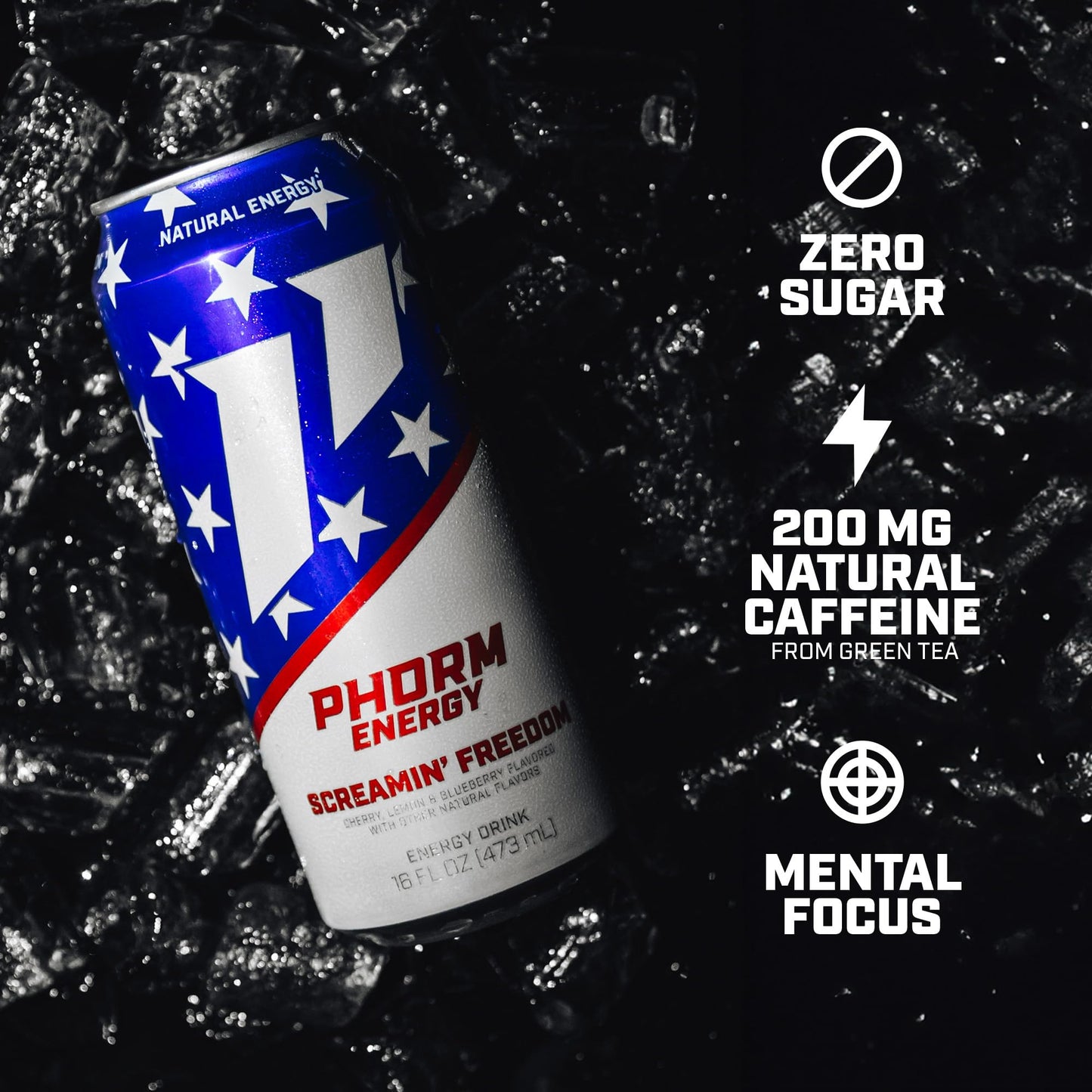 Phorm Energy Drink, Screamin’ Freedom, Rocket Pop Flavor, Sugar Free, 200 mg Natural Caffeine From Green Tea, Electrolytes and Vitamin B12, Gluten