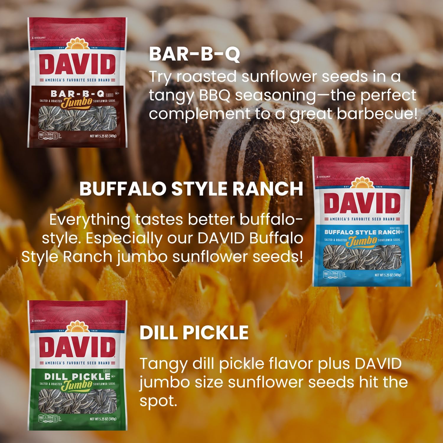 DAVIDs Sunflower Seeds, Assorted Flavors, Variety Pack 5.25 Oz Bags, 9 Count