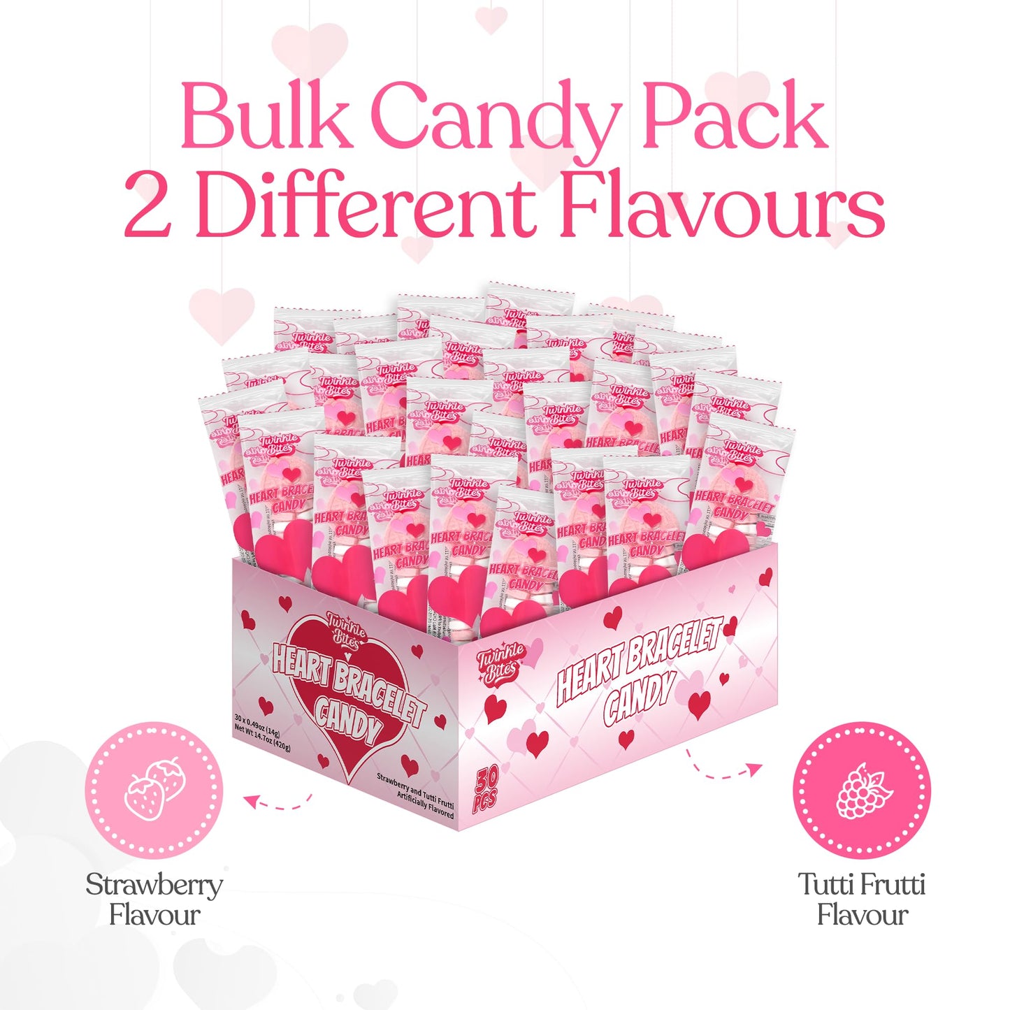 30 Pack Valentines Day Bracelet Candy - Individually Wrapped Holiday Themed Love Heart Candies - Strawberry, Tutti Frutti Delicious Flavors - Bulk
