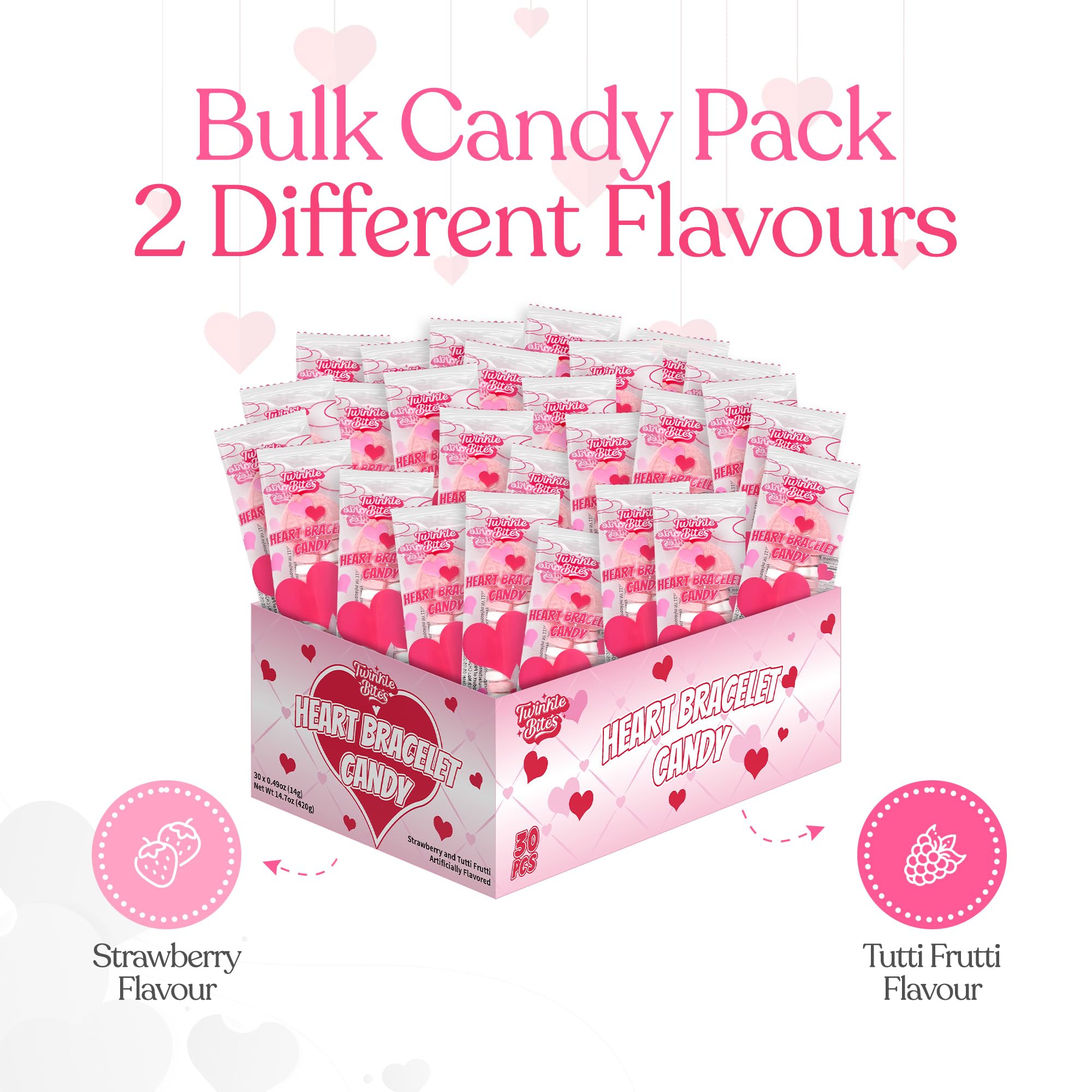 30 Pack Valentines Day Bracelet Candy - Individually Wrapped Holiday Themed Love Heart Candies - Strawberry, Tutti Frutti Delicious Flavors - Bulk