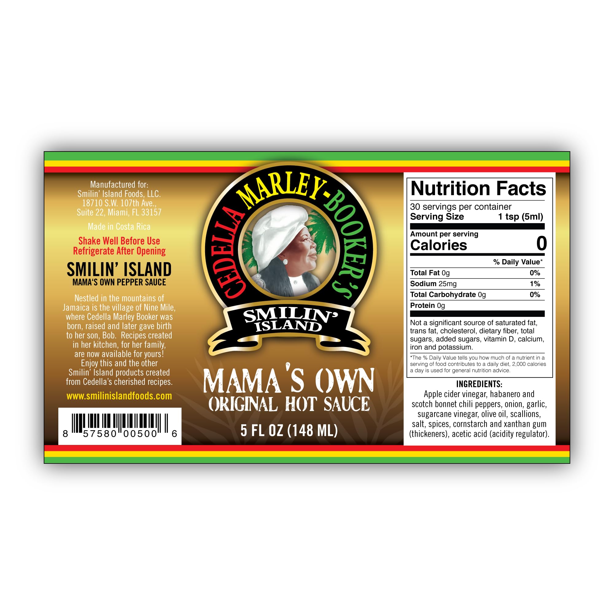 Mamas Own Original Hot Sauce by Cedella Marley Booker's Smilin Island -Habanero and Scotch Bonnet Peppers 1 Bottle 5 Ounce.