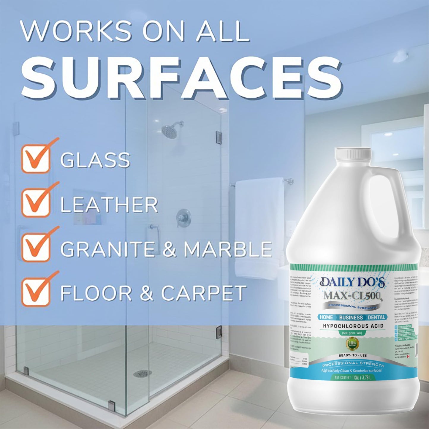 Daily Do's Hypochlorous Acid (HOCl) All Purpose - Cleaning Solution | 500ppm | 1 Gallon Value Size | Professional-Grade, Alcohol-Free & Non-Staining