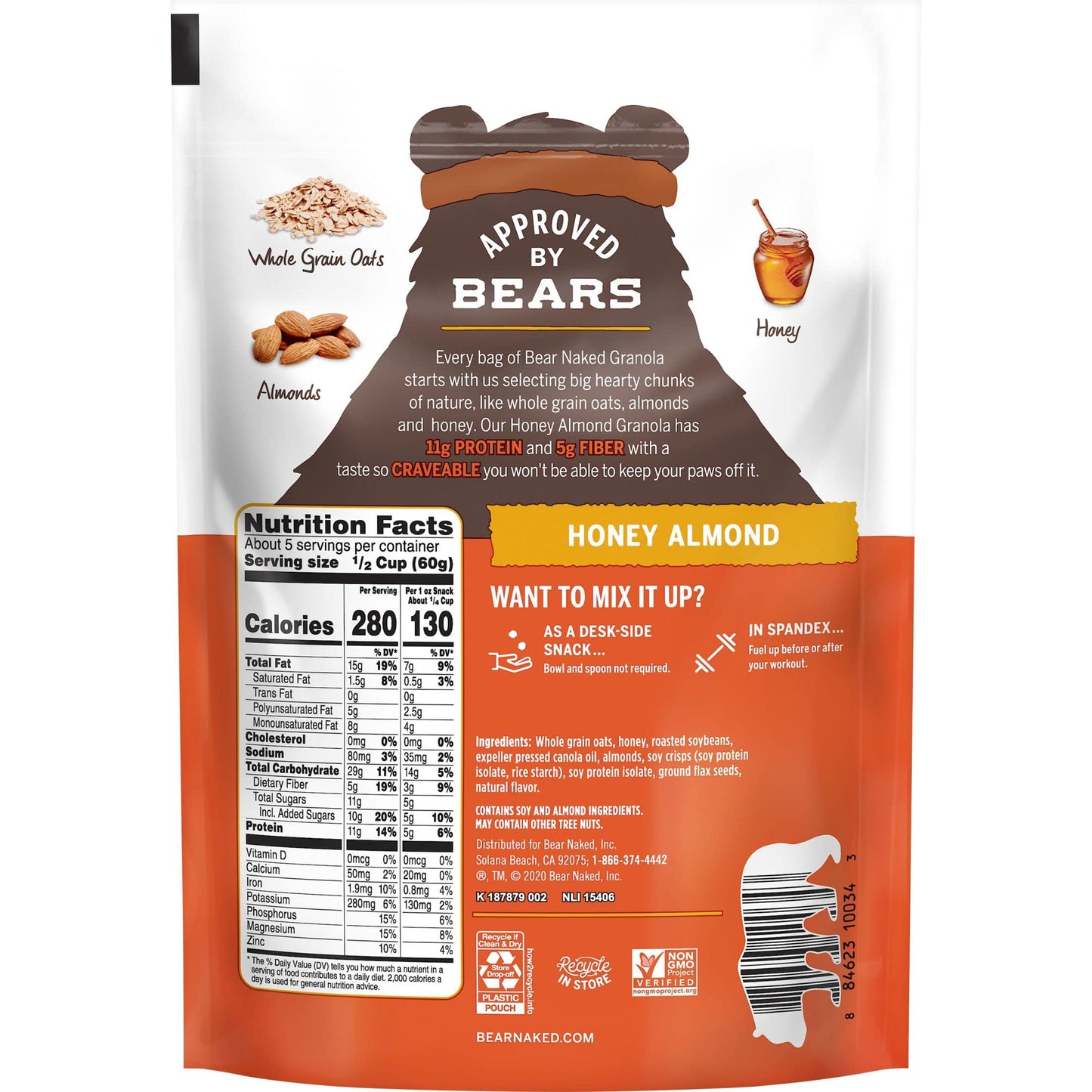 Bear Naked Granola Cereal, Vegetarian, Breakfast Snacks with Protein, Honey Almond, 11.2oz Bag (1 Bag)