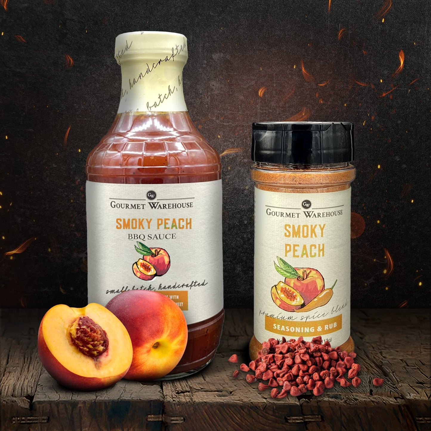 Gourmet Warehouse Smoky Peach BBQ Sauce and Smoky Peach BBQ Rub Seasoning | Handcrafted In Small Batches | Gluten-Free No MSG | 16 Ounces / 4 Ounces