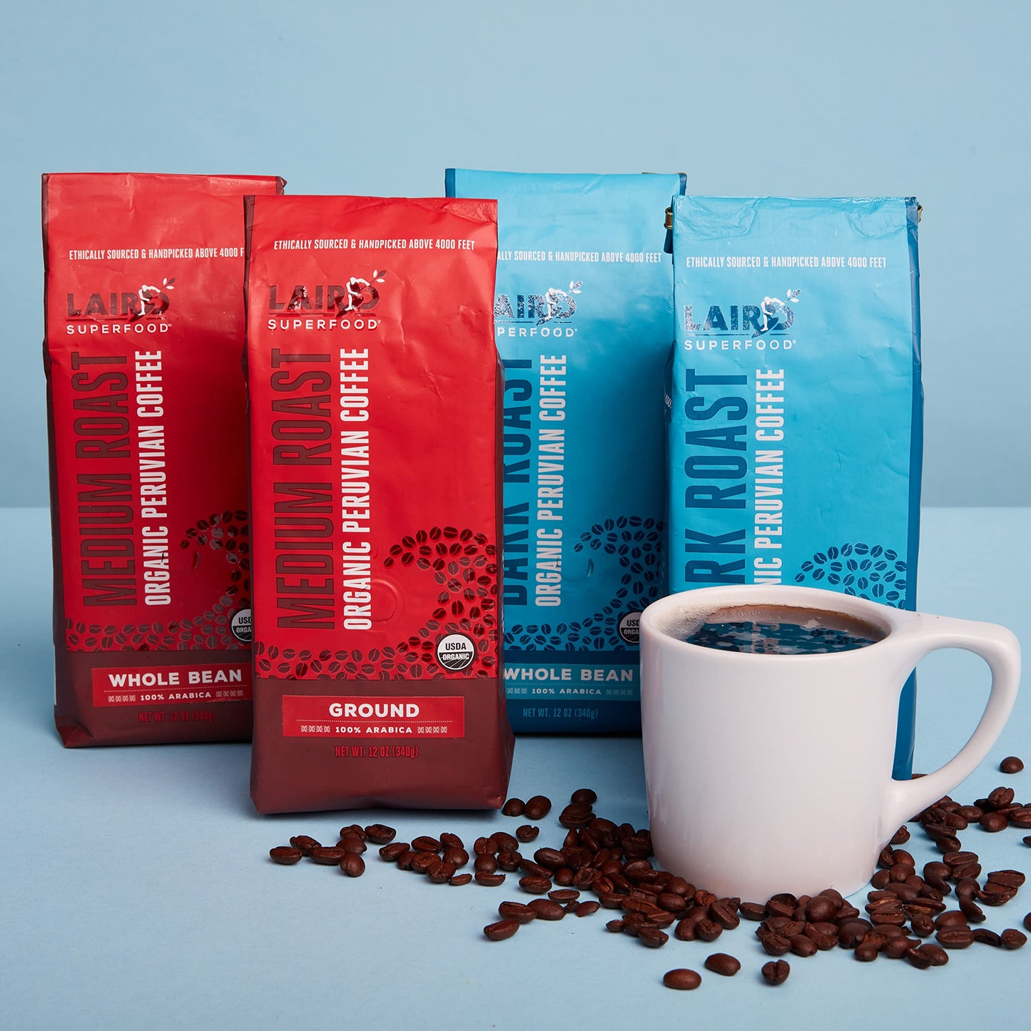 Laird Superfood Peruvian Medium Roast Caffeinated Ground, Ethically Sourced Premium Ground Coffee, Gluten-Free, Dairy-Free, Non-GMO, Paleo, Keto