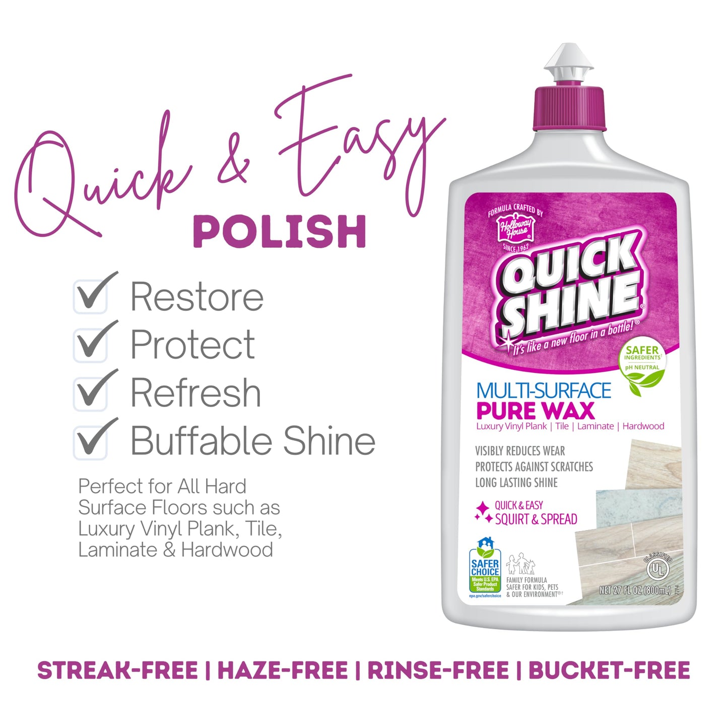 Quick Shine Pure Floor Wax 27oz | A Buffable, Waterproof Finish for Regular and Hardwood Floors | Restore Protect Refresh