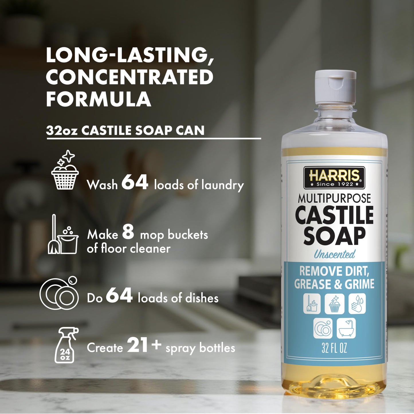 HARRIS Multi-Purpose Pure Liquid Castile Soap for Home Cleaning, Multi-Purpose Cleaner, For Dish Soap, Laundry Detergent, Kitchen and Bathroom