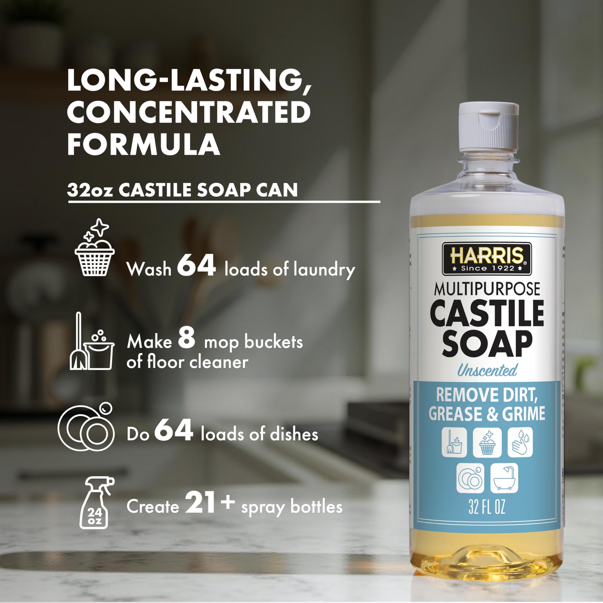 HARRIS Multi-Purpose Pure Liquid Castile Soap for Home Cleaning, Multi-Purpose Cleaner, For Dish Soap, Laundry Detergent, Kitchen and Bathroom