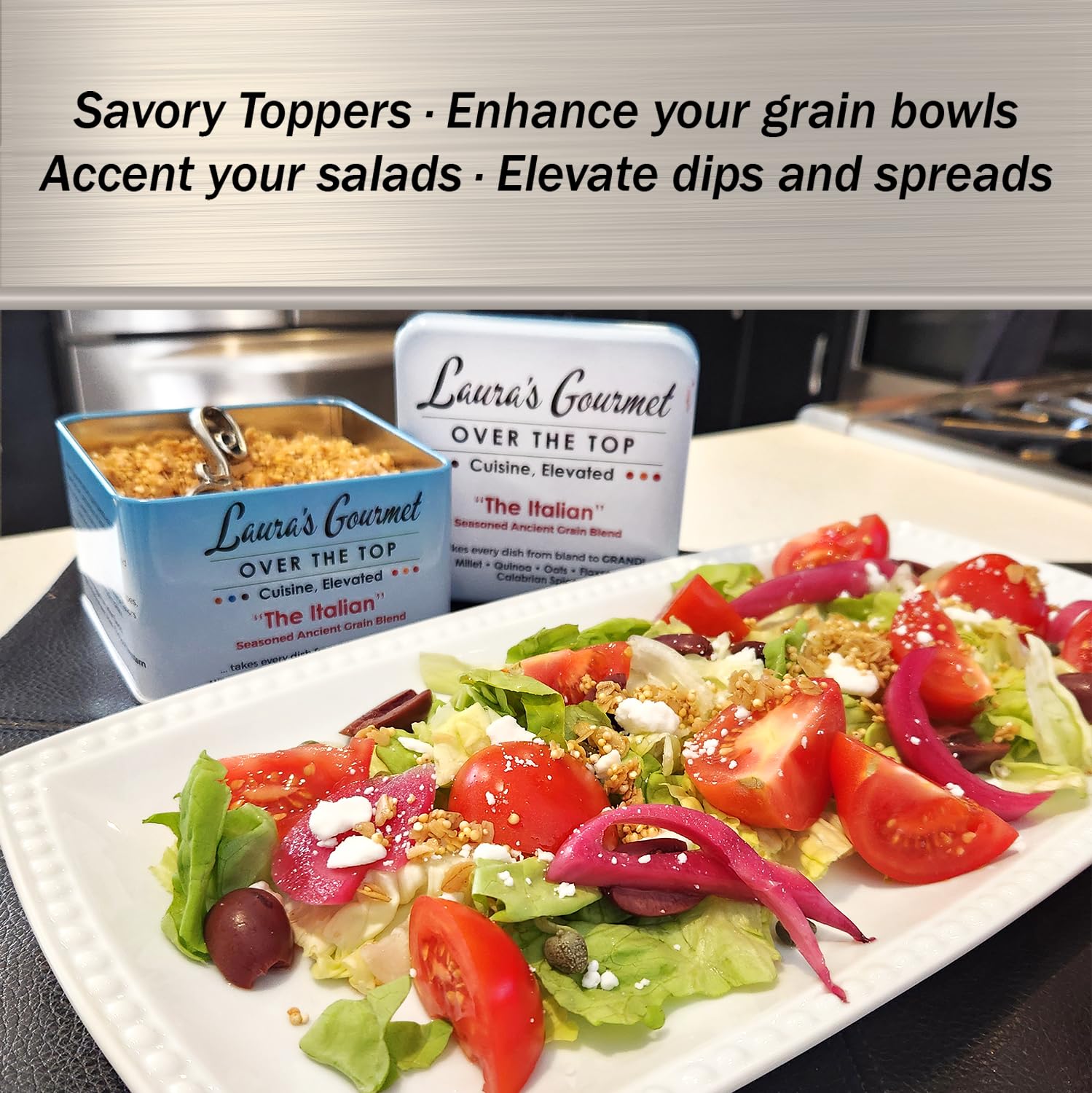 Laura’s Gourmet, Over The Top Savory Seasoned Ancient Grain Blends, “The Italian,” 10 oz. Tin, All-Natural, Gluten-Free Topper for Salads, Soups