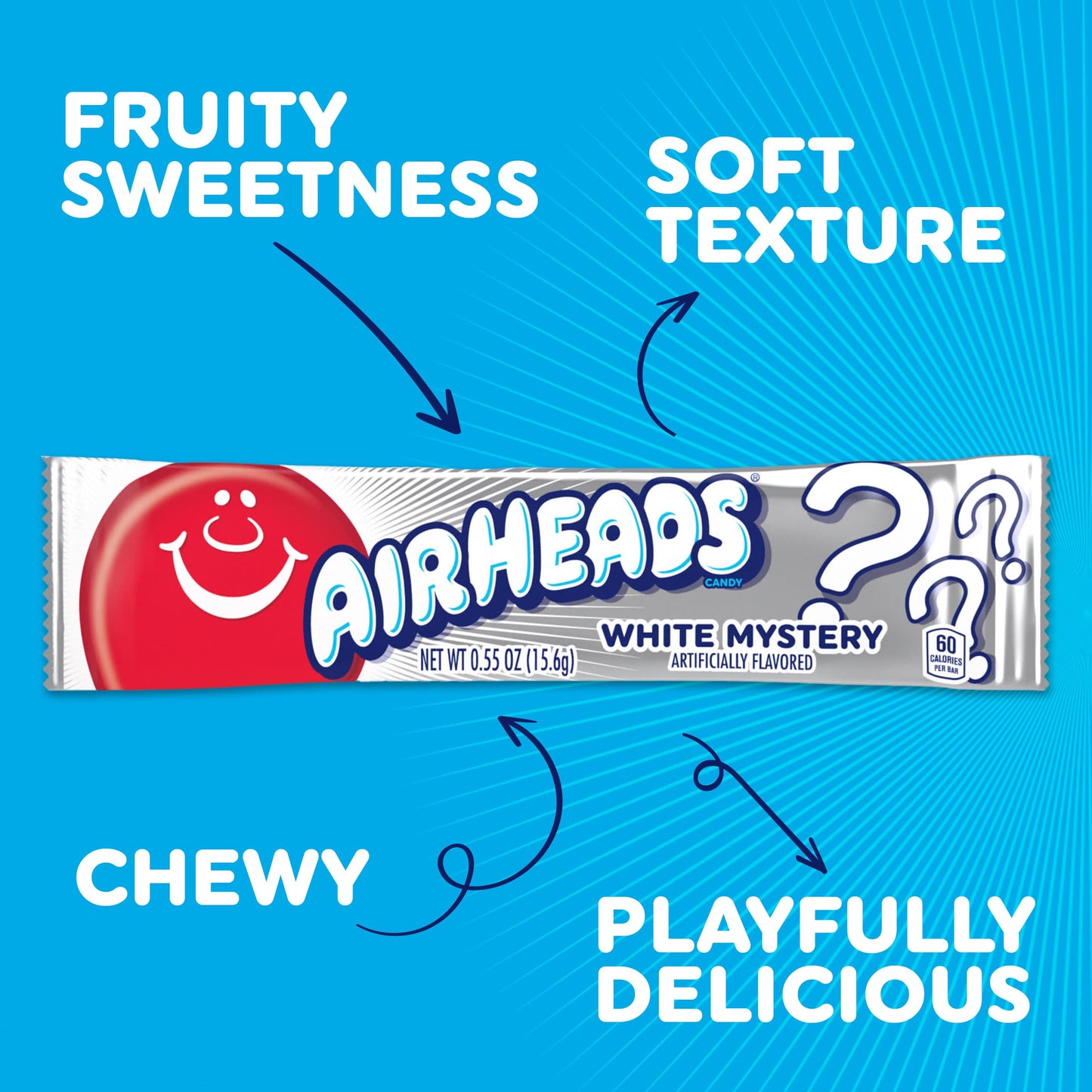 Airheads Full-Size Candy Bars, Taffy Candy Pack, Individually Wrapped Bulk Candy, White Mystery Flavor Artificially Flavored, 36 Count Box