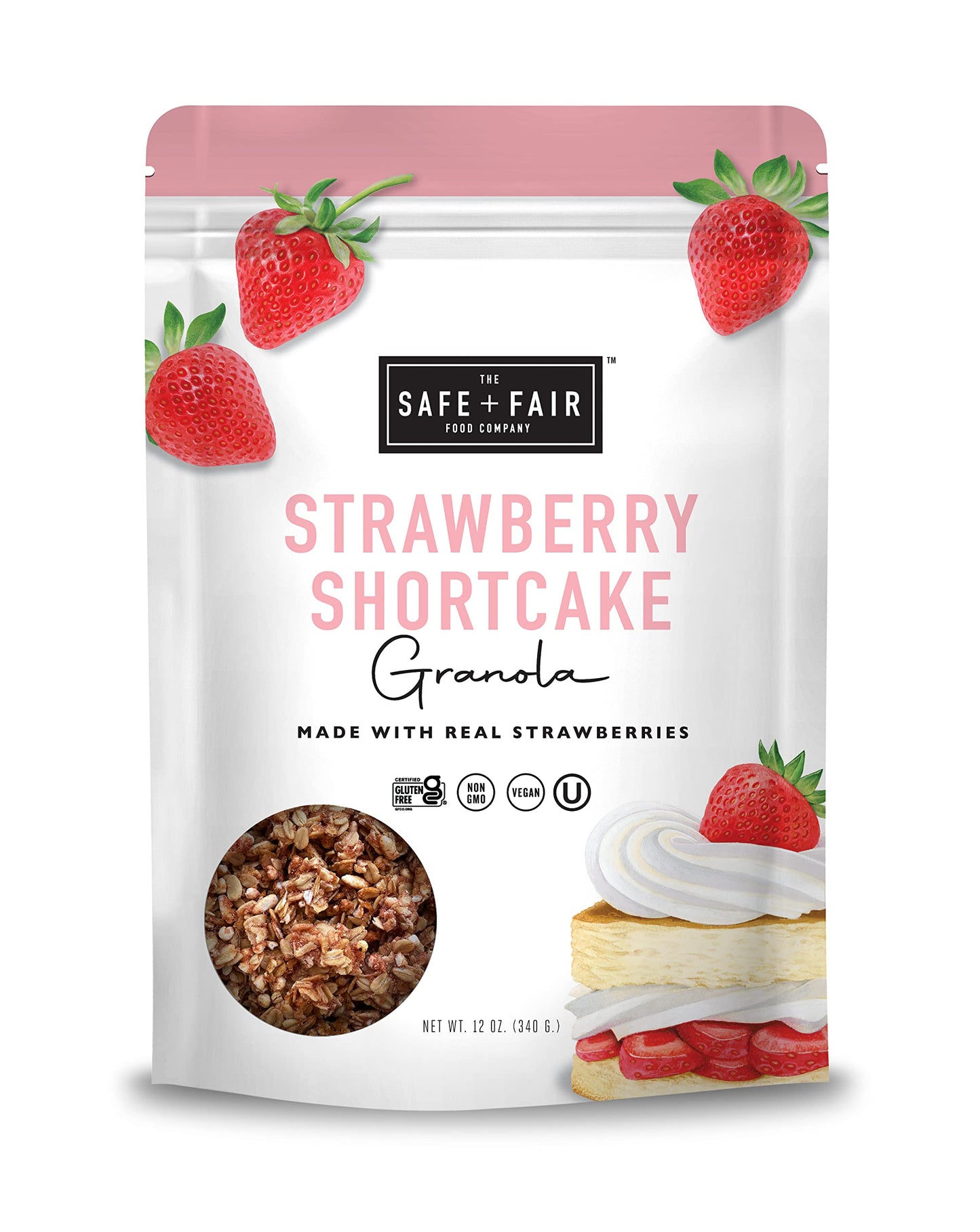 Safe + Fair Strawberry Shortcake Granola - Gluten-Free, Dairy-Free & Vegan Snack - Allergen-Free, Non-GMO, and No Artificial Ingredients - 12oz