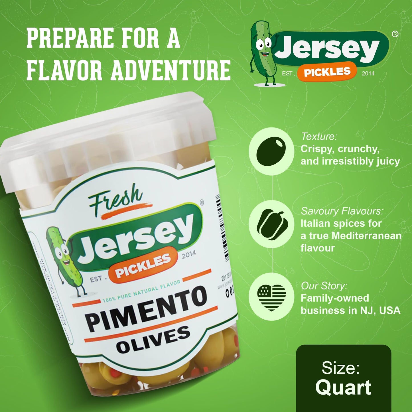 Jersey Pickles - Pimento Stuffed Olives (Quart) - Olives Stuffed - Hand-Stuffed Gourmet Olives with Premium Fillings for Snacks, Charcuterie
