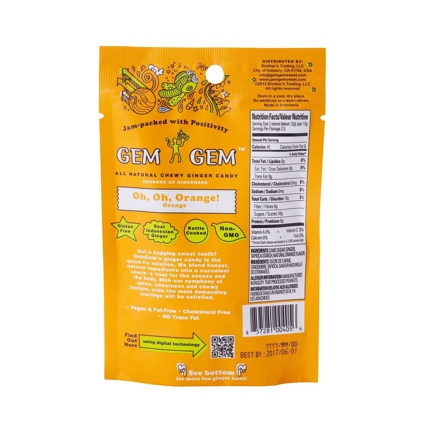 Gem Gem Ginger Candy Chewy Ginger Chews (Orange, 5.0oz, Pack of 3)