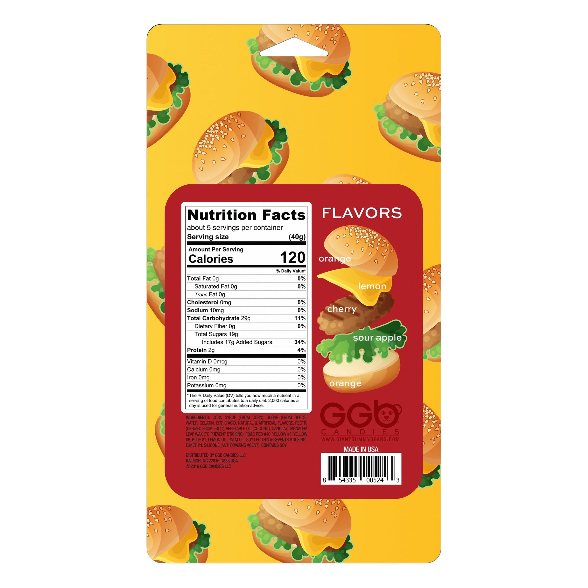 Gummy Burger - Bursting with Cherry, Orange, Lemon & Sour Apple Flavor Fun from GGB Candies! (6.5 Ounce)