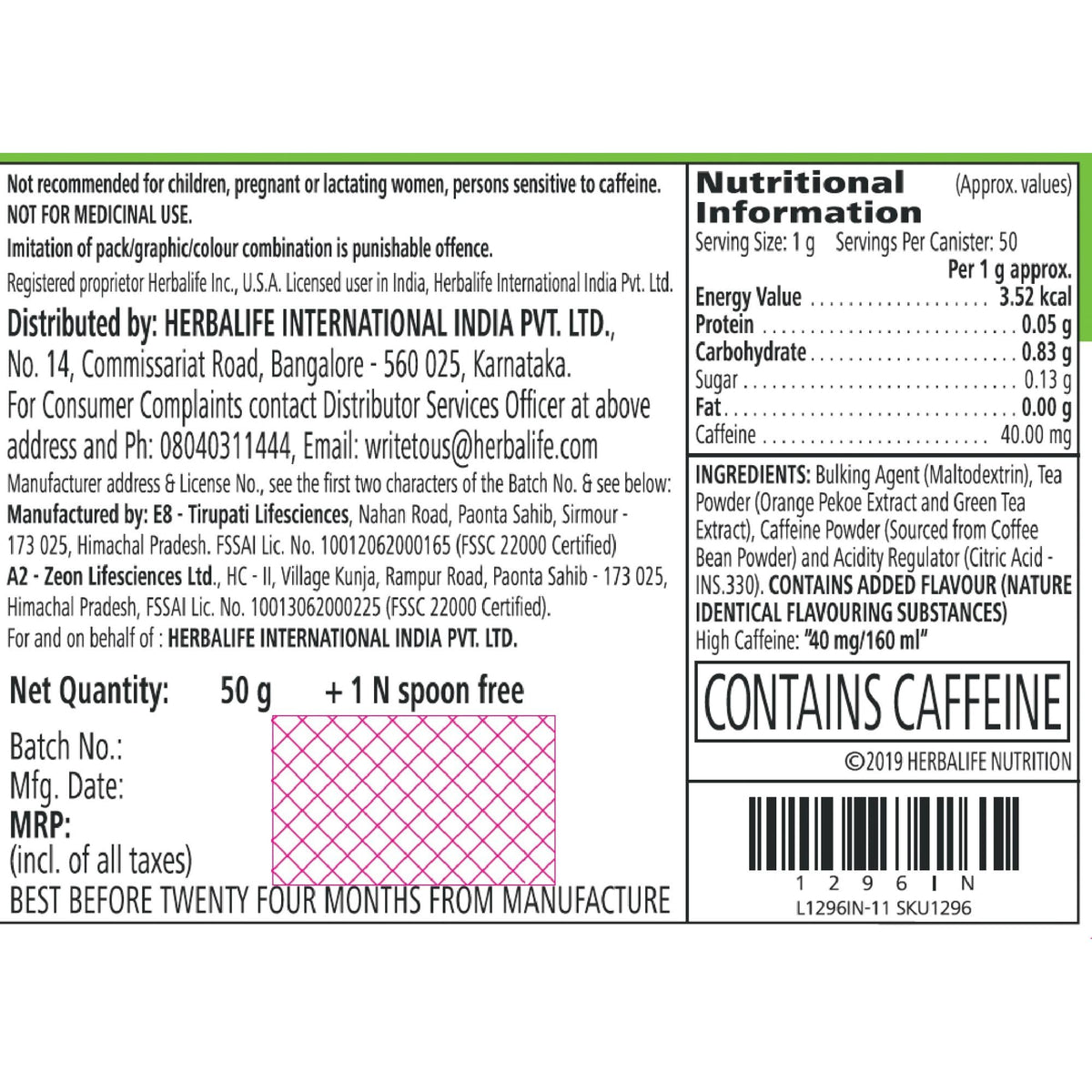 Herbalife Afresh Energy Drink Mix - 50 Gram (Lemon)