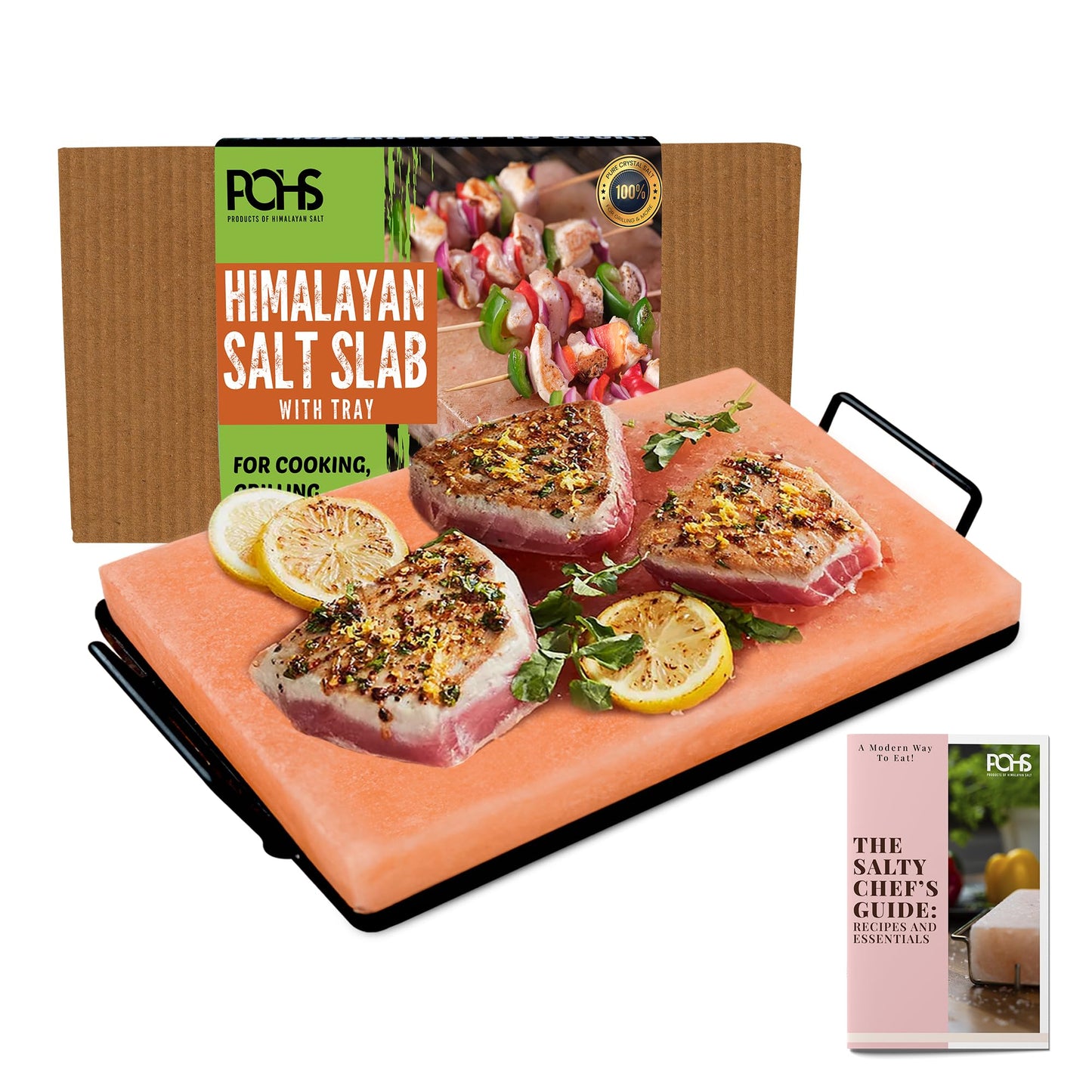 POHS Himalayan Salt Block Cooking Plate 12x8x1.5 for Cooking, Grilling, Cutting and Serving, with Metal Tray & Recipe Booklet Unique Gifts for Men