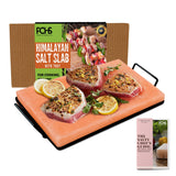 POHS Himalayan Salt Block Cooking Plate 12x8x1.5 for Cooking, Grilling, Cutting and Serving, with Metal Tray & Recipe Booklet Unique Gifts for Men
